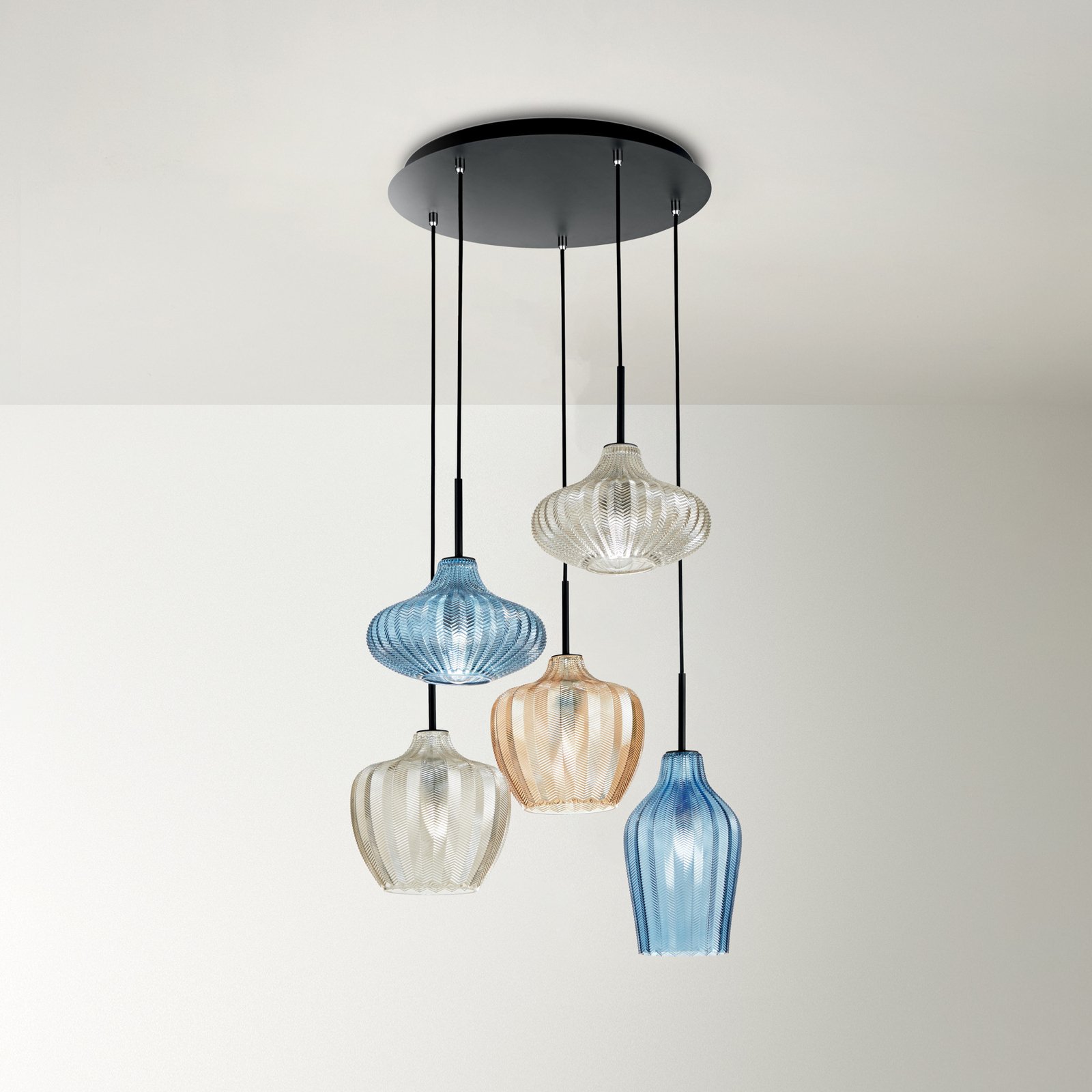 Candeeiro de suspensão Olbia, Ø 50 cm, 5 lâmpadas, âmbar/azul/bege, vidro