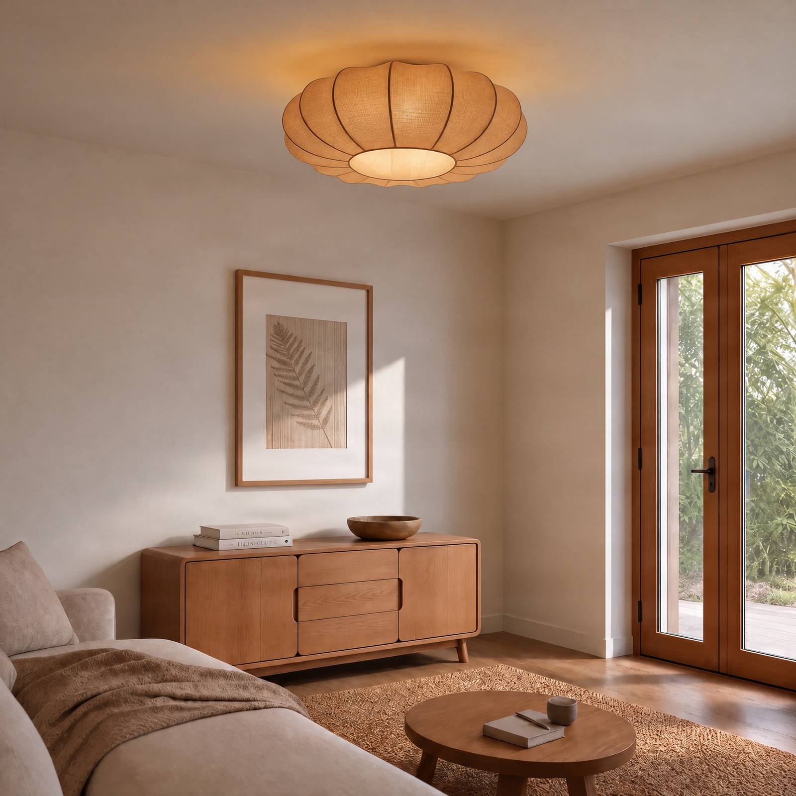 Lindby plafondlamp Helin, bruin, Ø 60 cm, textiel, 3 x E27