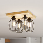 Beevly ceiling light, wood and metal, 4-bulb