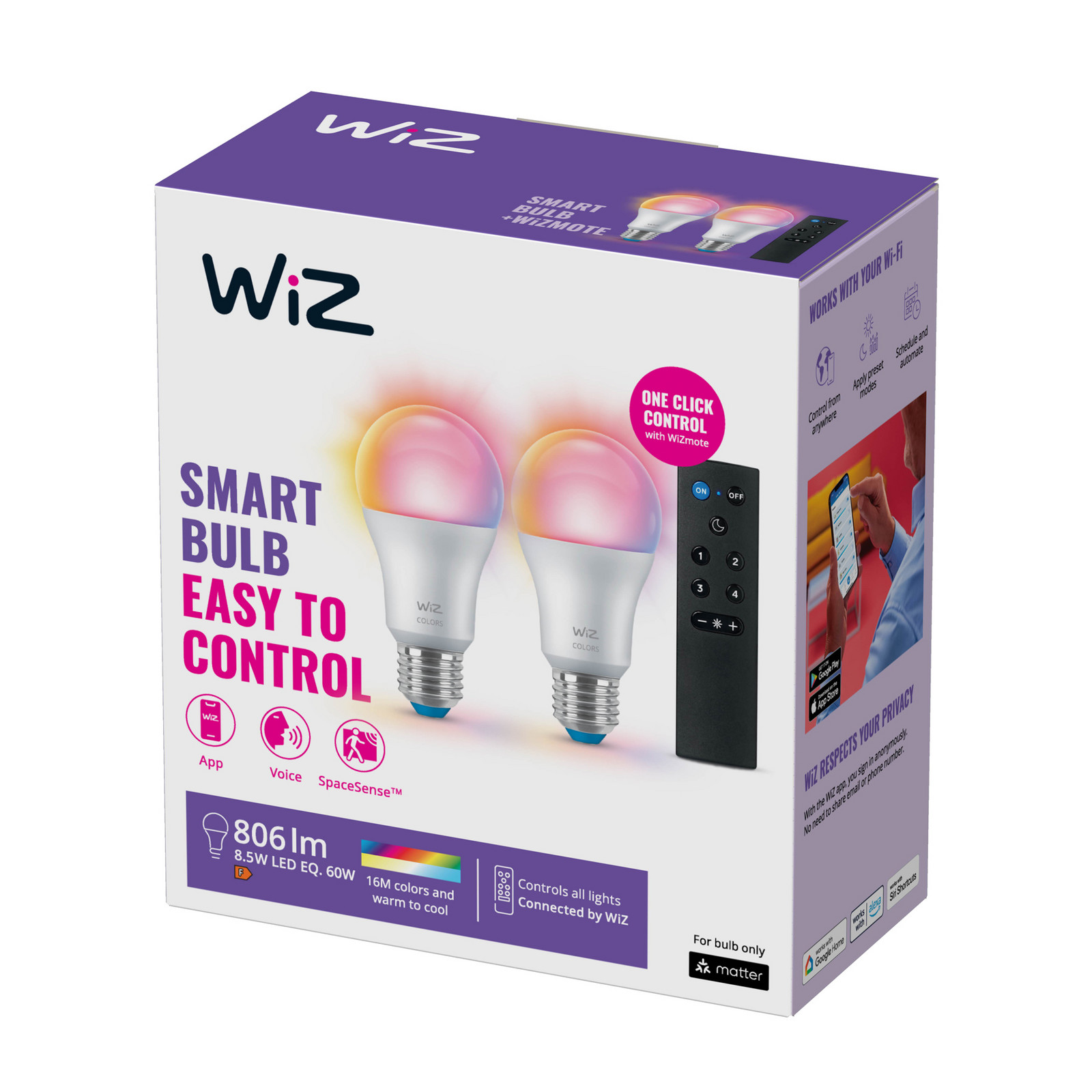 WiZ A60 LED matt WiFi E27 8.5W RGBW Set de 2 LED-uri de la distanță - Plastic