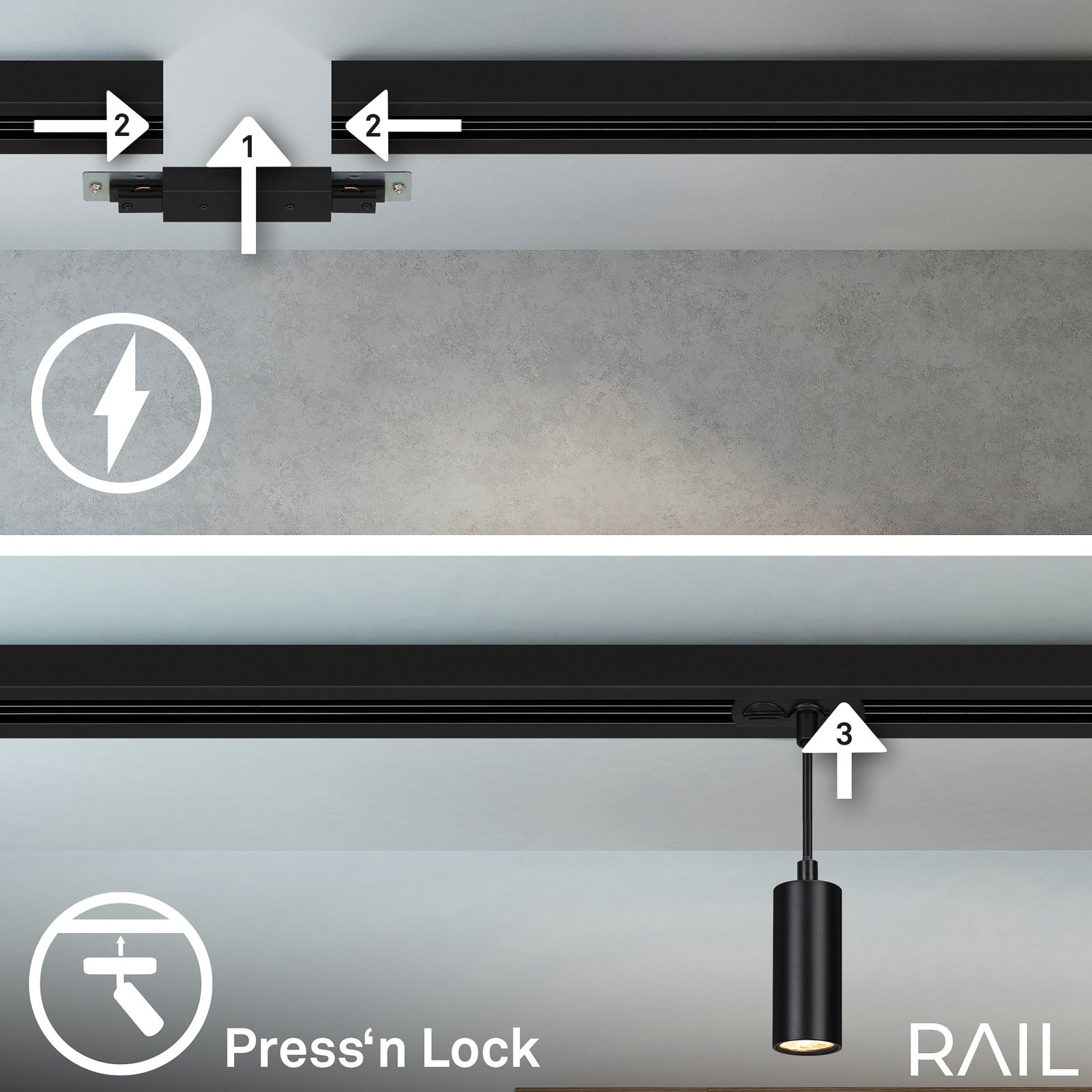 Système de lampes LED sur rail HV, suspension, noir, 4 lampes, 1,5m de long