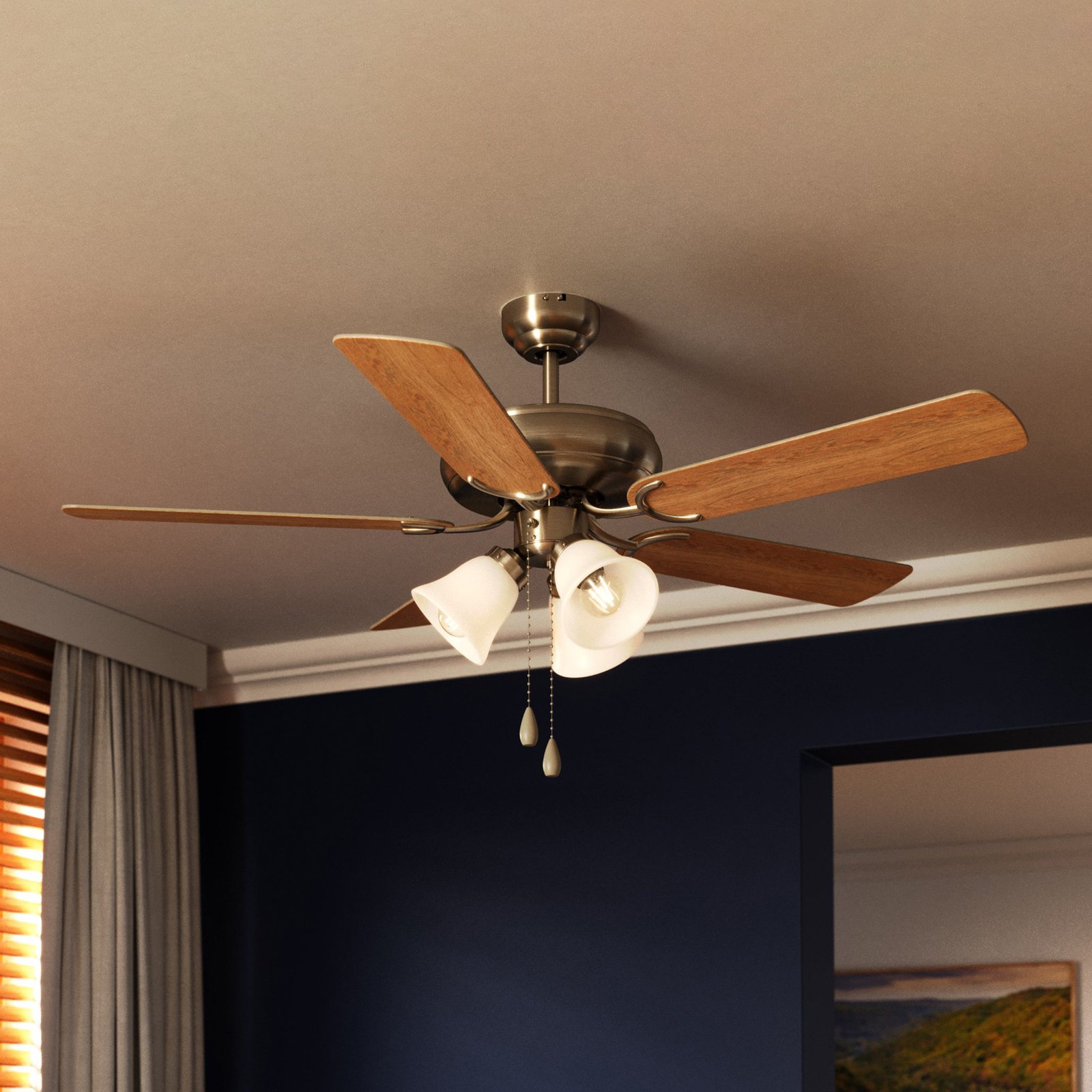 Las Palmas ceiling fan, 3xE27, pull cord switch, matt nickel