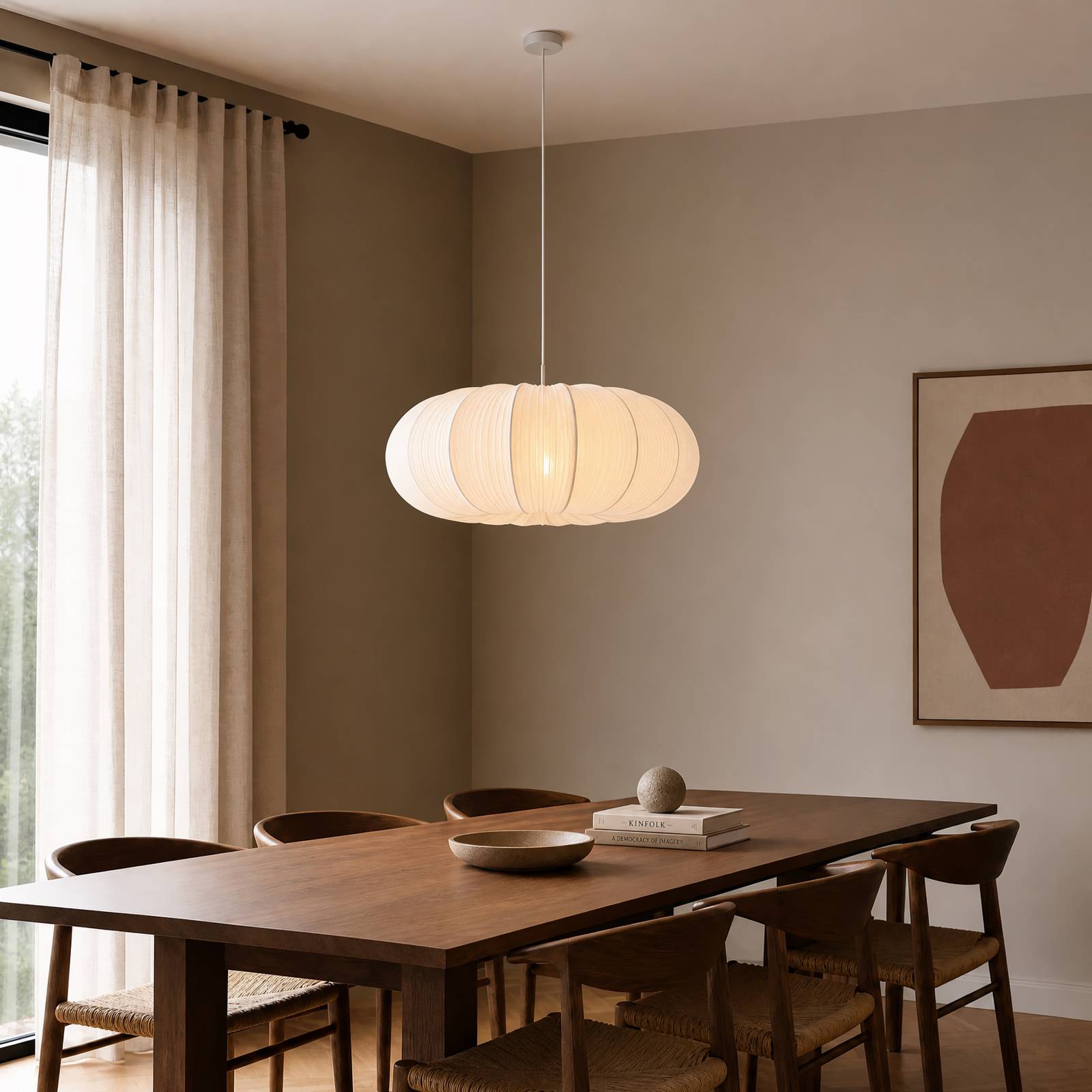 Żyrandol Lindby Marielle, średnica 55 cm, biała, tkanina, 3x E27