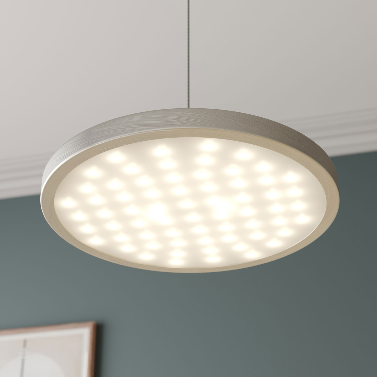 Quitani LED függőlámpa Gion, 3-lámpás, nikkel/tölgyfa