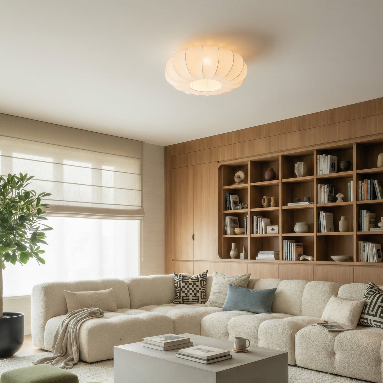 Stropní světlo Helin, bílé, Ø 60 cm, textil, 3 x E27 - Lindby