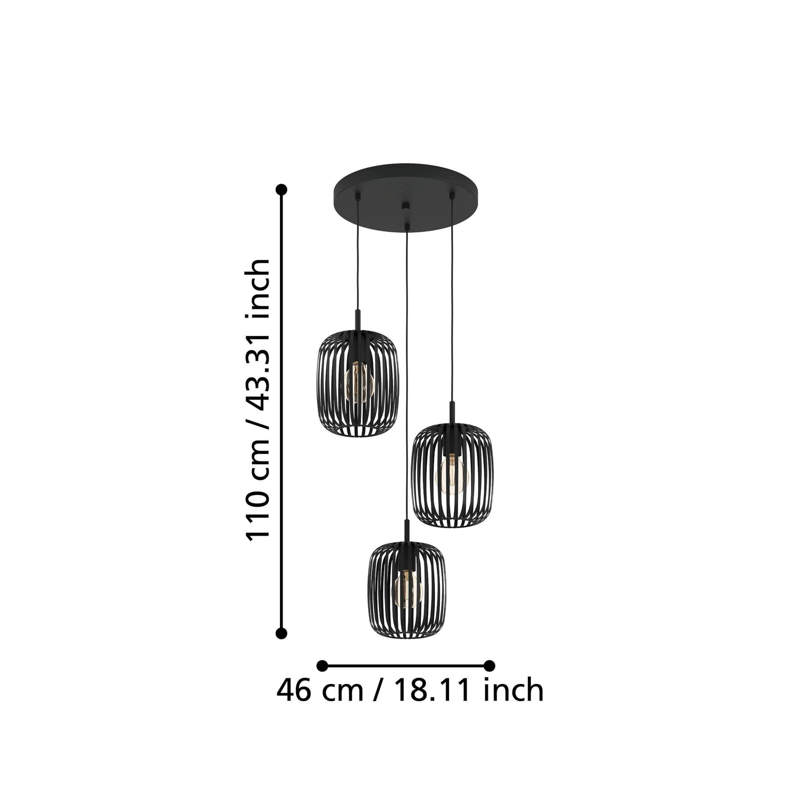 Romazzina hengelampe, Ø 46 cm, svart, 3 lyskilder, stål