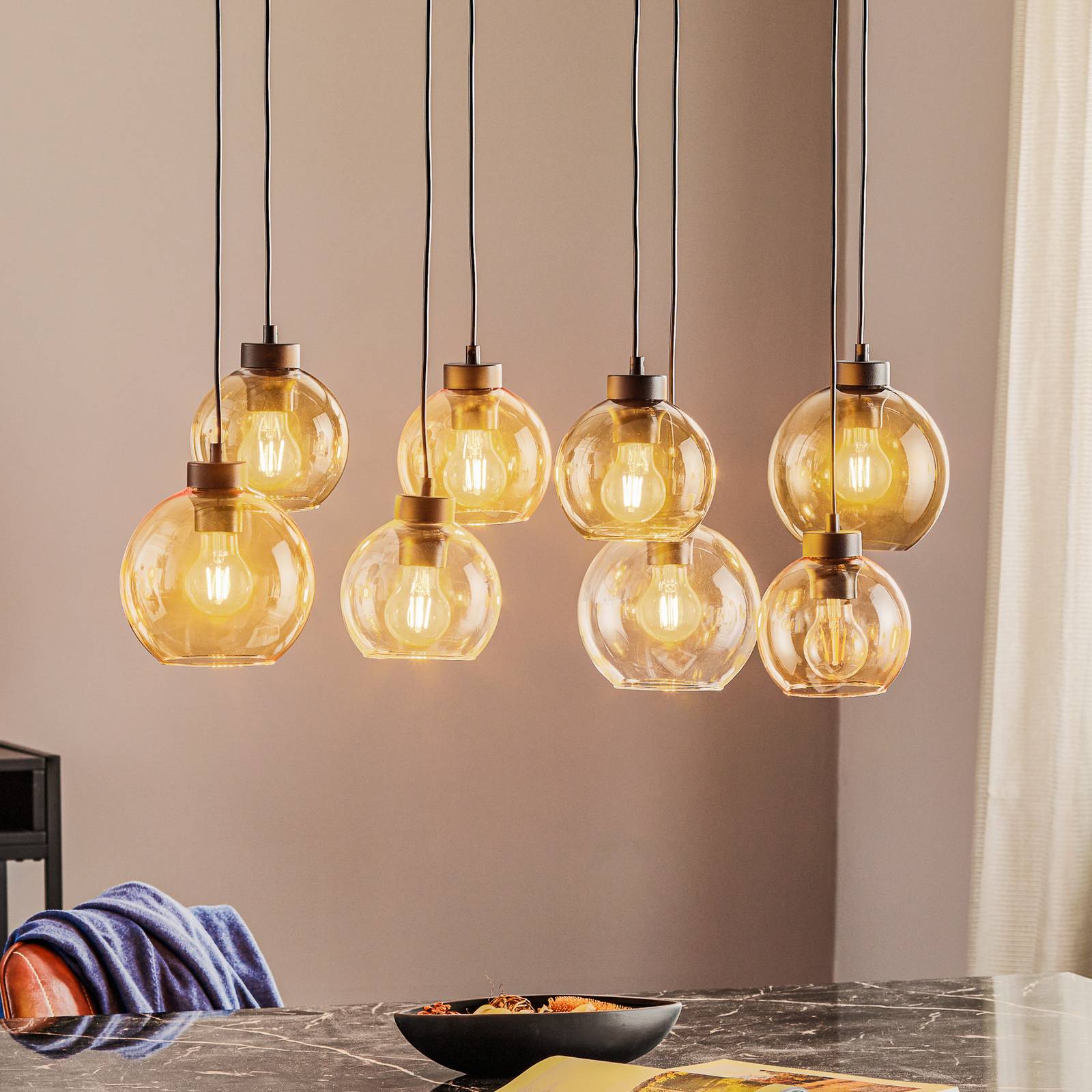 Hanglamp Cubus, 8-lamps, helder/honig/bruin