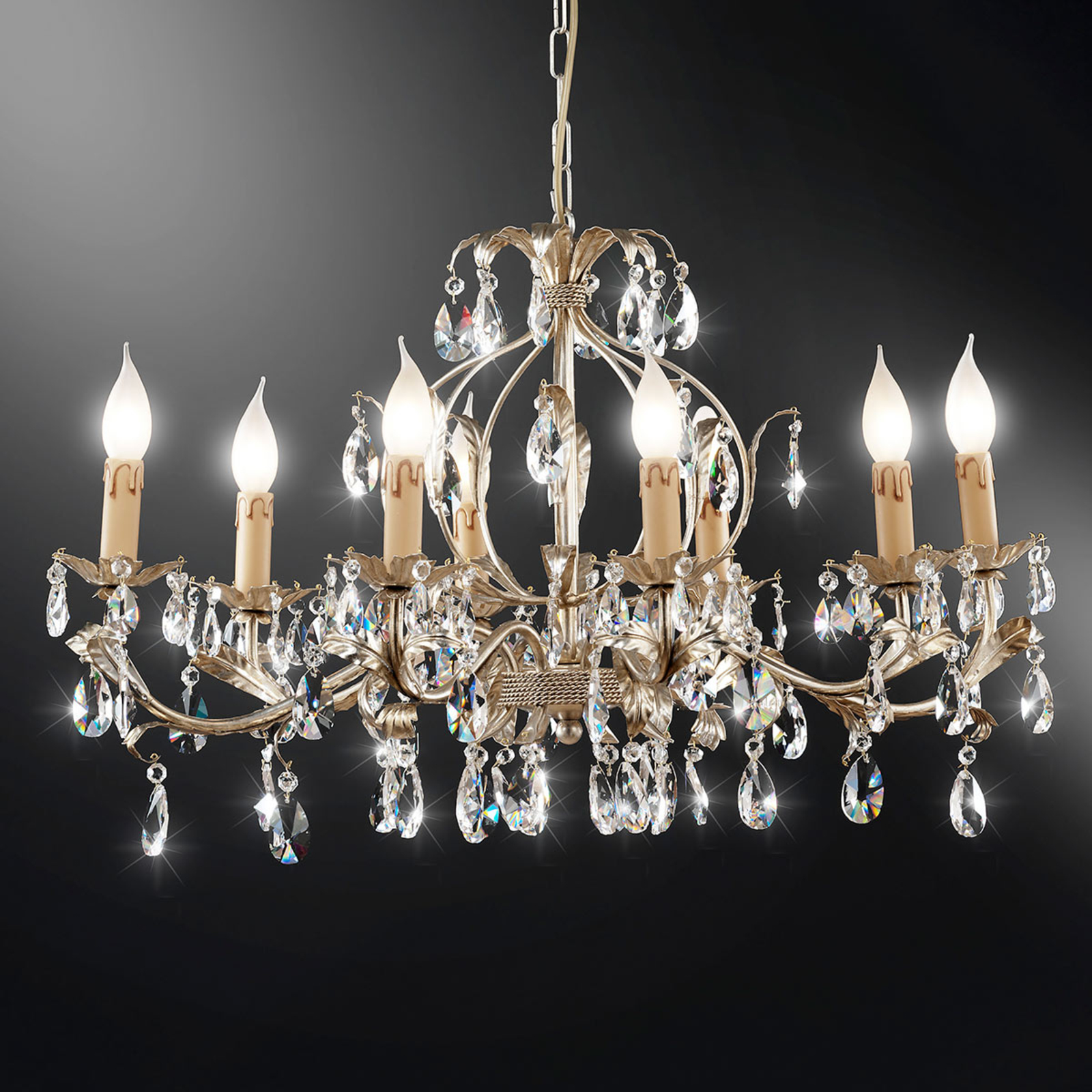 Ferro Luce 90/8 K chandelier, silver-coloured, 8-bulb, for Living / Dining Room, iron, Asfour crystal, E14, 40 W, energy efficiency: A++, L: 80 cm, W: 55 cm, H: 45 cm