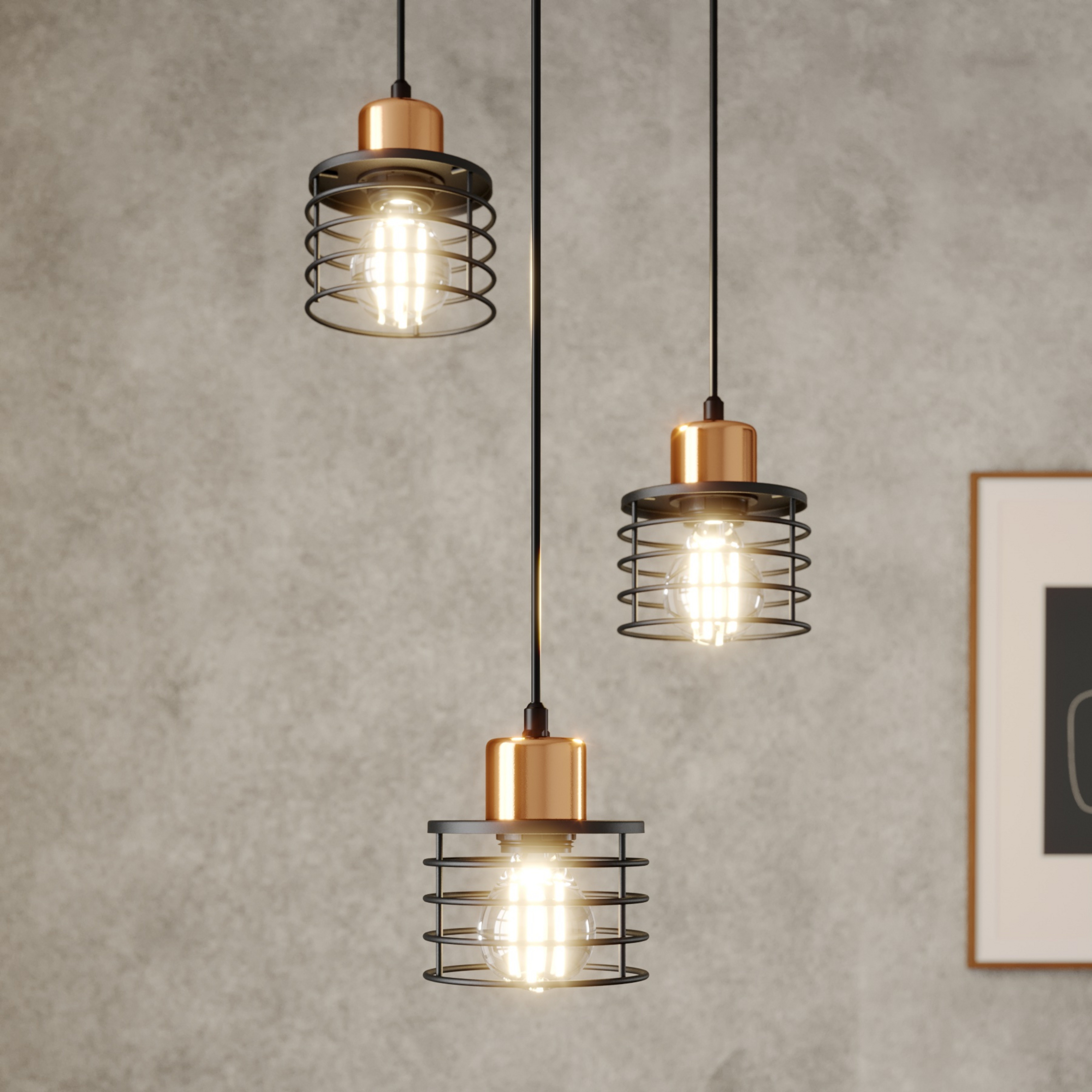Edisonova viseća lampa u crnoj/bakrenoj boji, 3 žarulje. oko