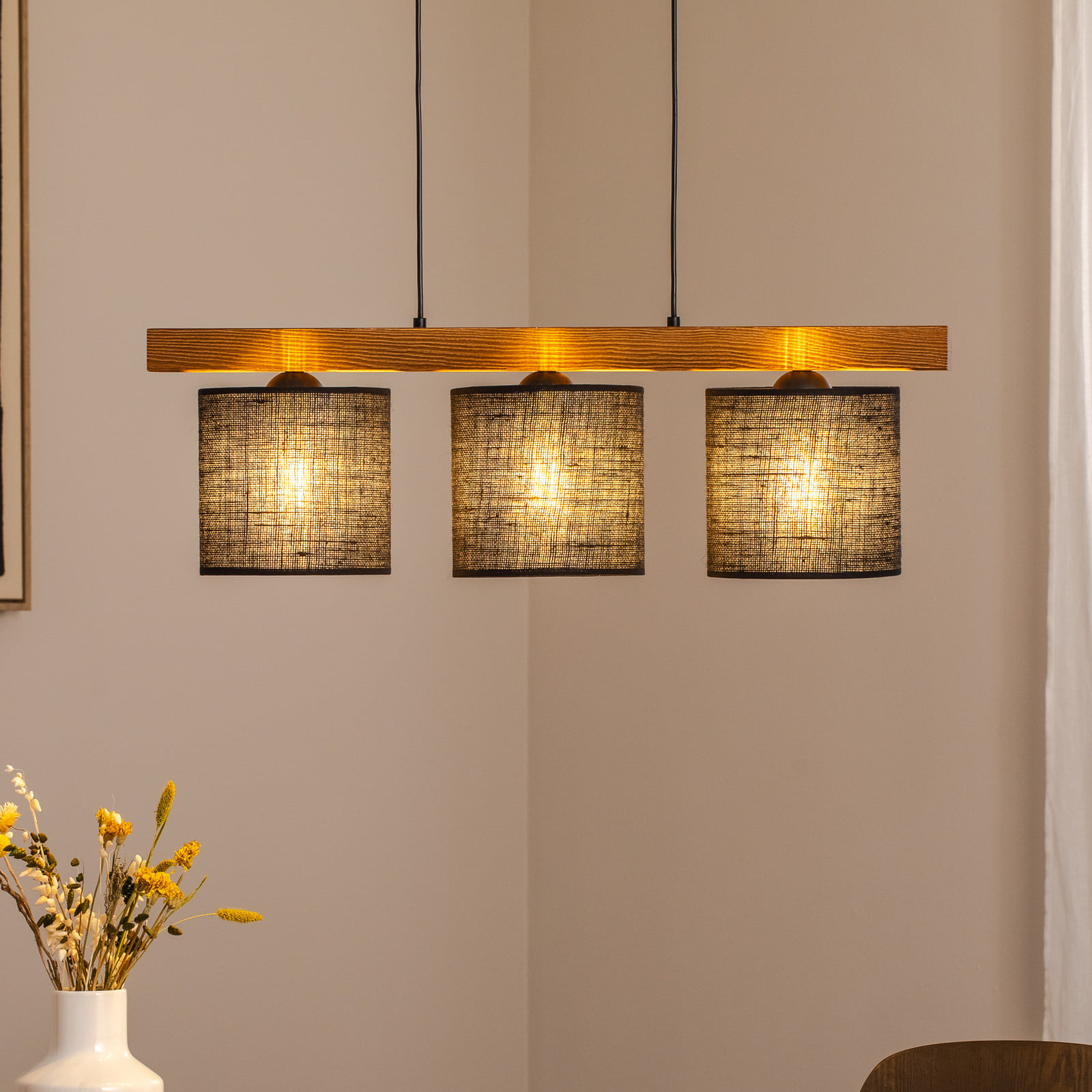 Duolla Lampă suspendată Forest lemn deschis/negru iută neagră 3 becuri - Camera de zi / sufragerie