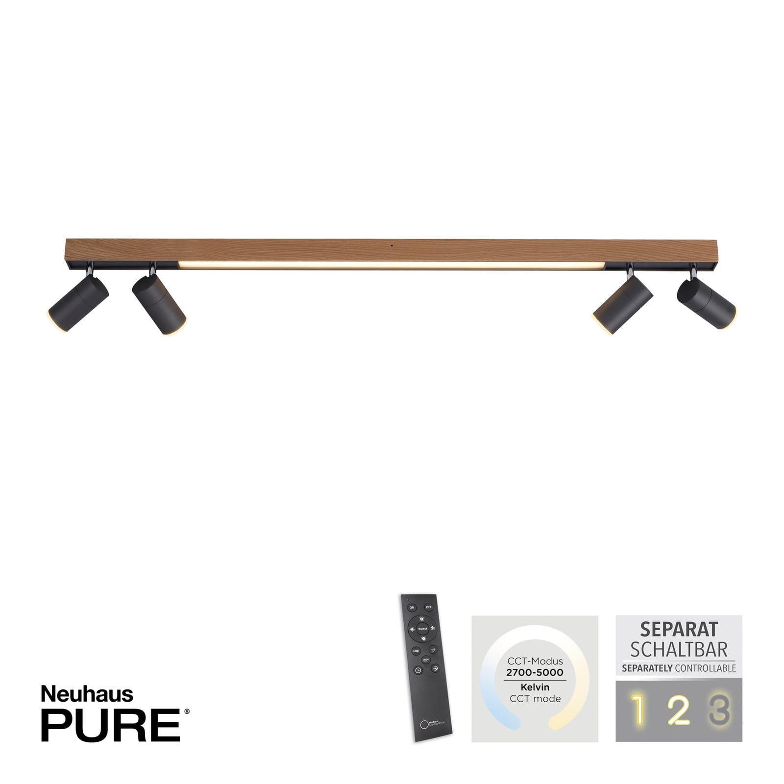 Plafonnier LED Lines Spot, 120 cm, chêne/graphite - PURE Plafonnier LED Lines Spot, 120 cm, chêne/graphite - PURE