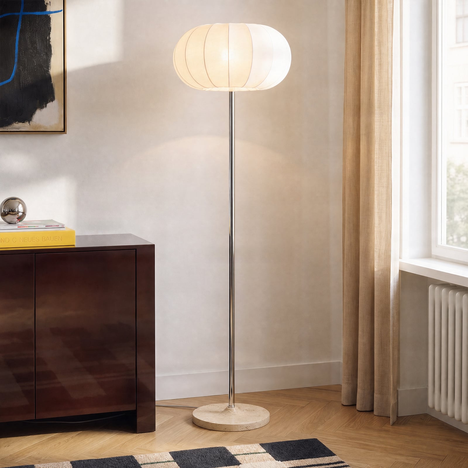 Elovie Floor Lamp, natural/chrome, fabric/travertine, 160cm - NOLA Elovie Floor Lamp, natural/chrome, fabric/travertine, 160cm - NOLA