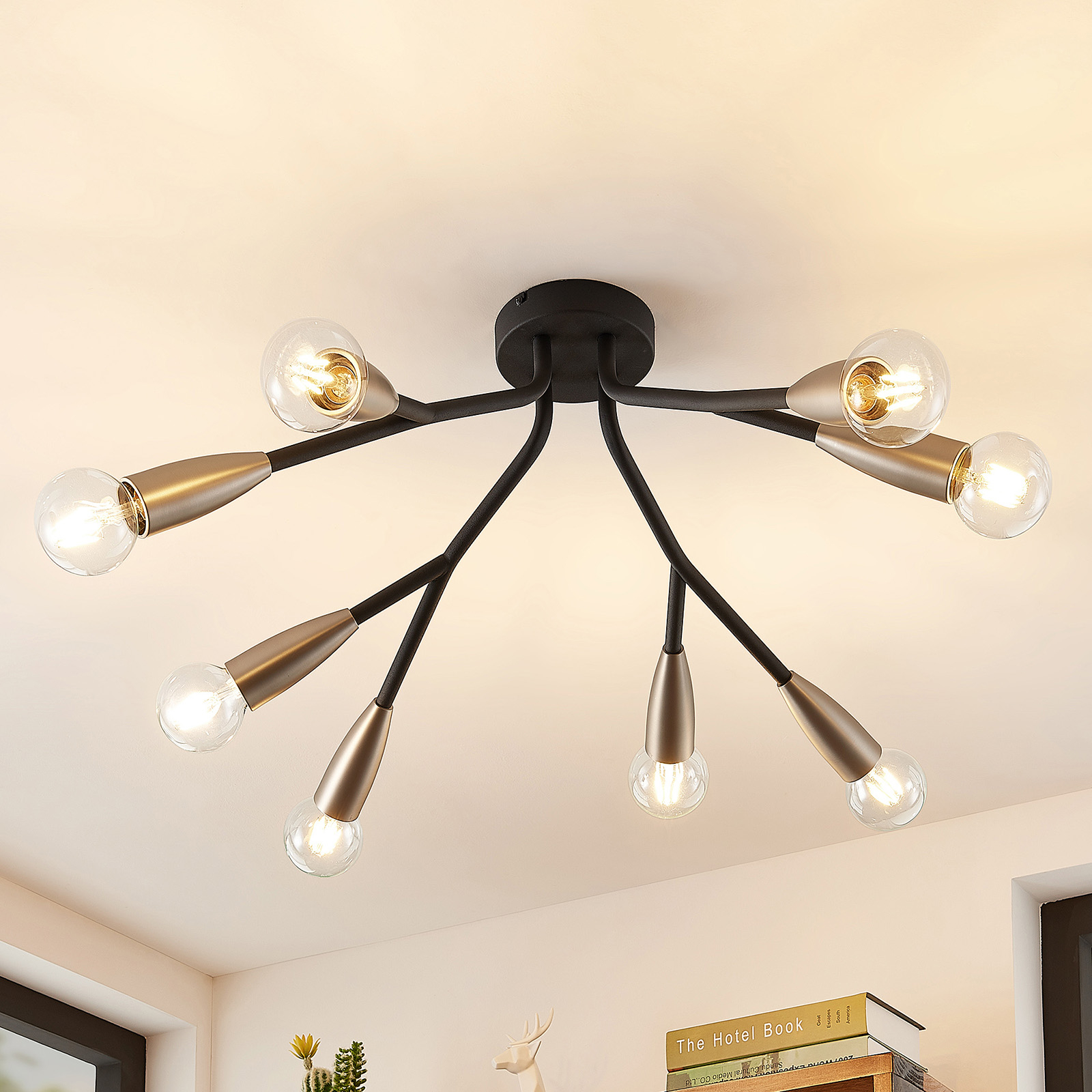 Lucande Carlea ceiling lamp 8-bulb black/nickel, for Living / Dining Room, metal, aluminium, E27, 60 W, energy efficiency: A++, H: 28 cm