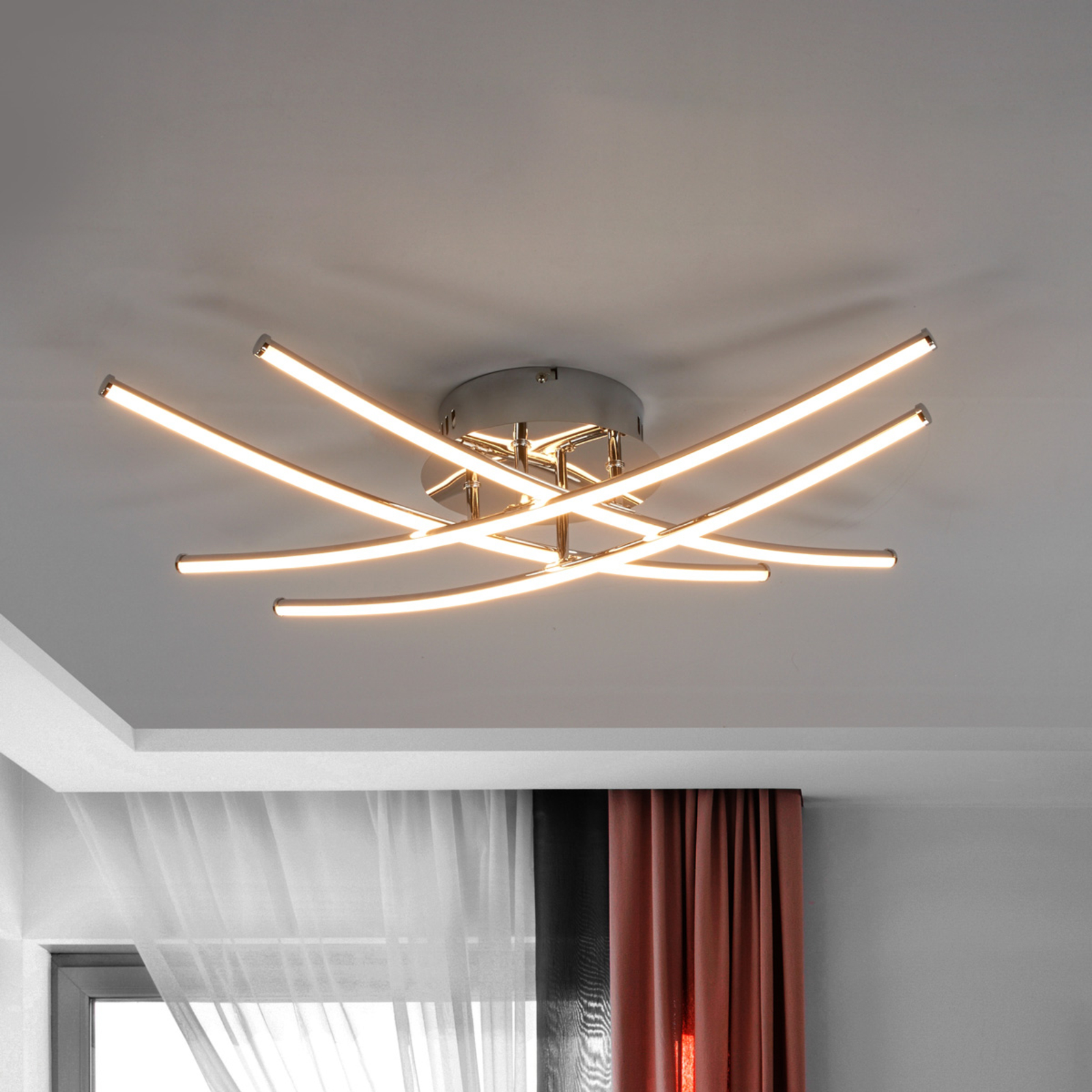 Yael LED ceiling lamp, chrome, 4 bars