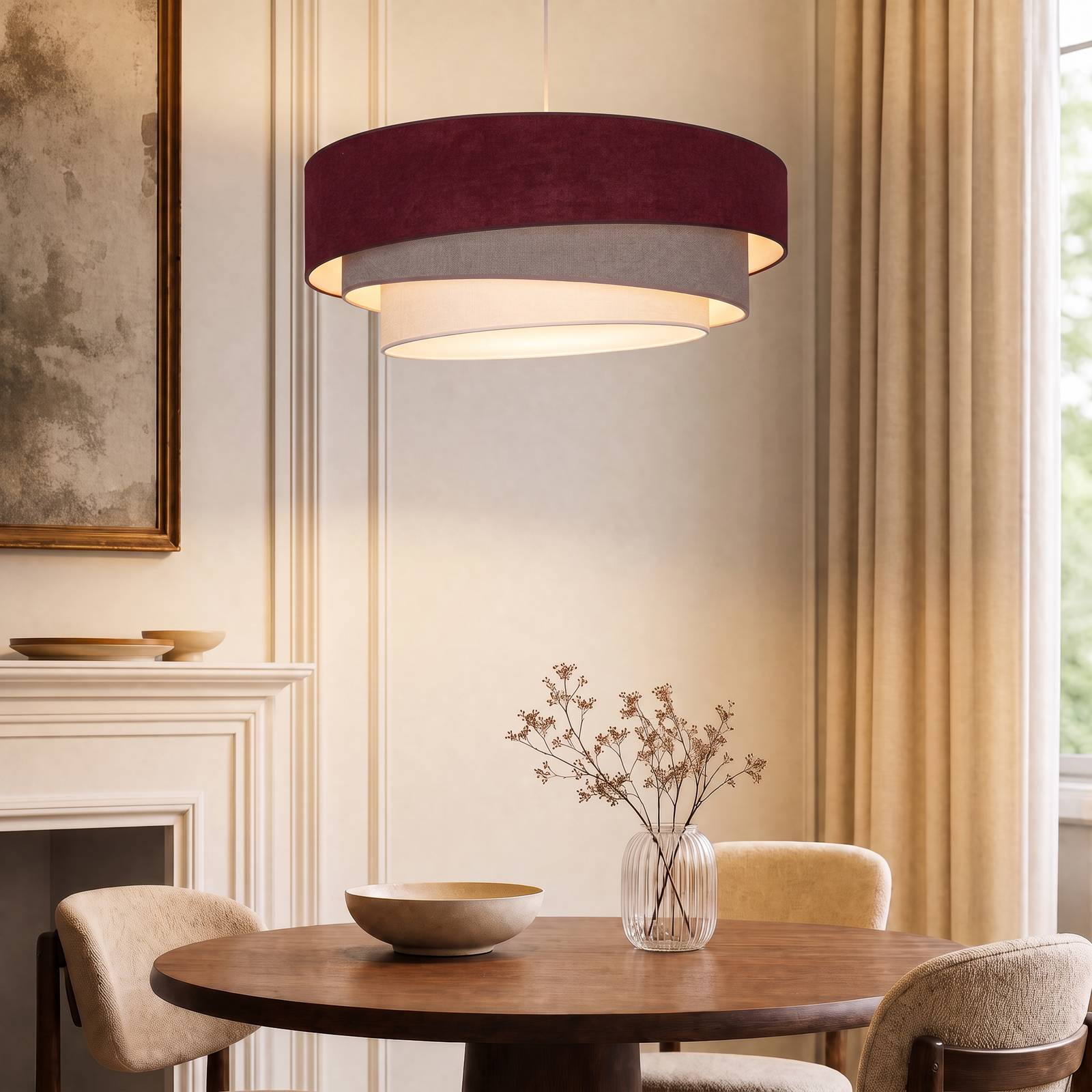 Lampa wisząca Trio, ciemnoczerwona/beżowa, Ø 60 cm, tkanina, E27