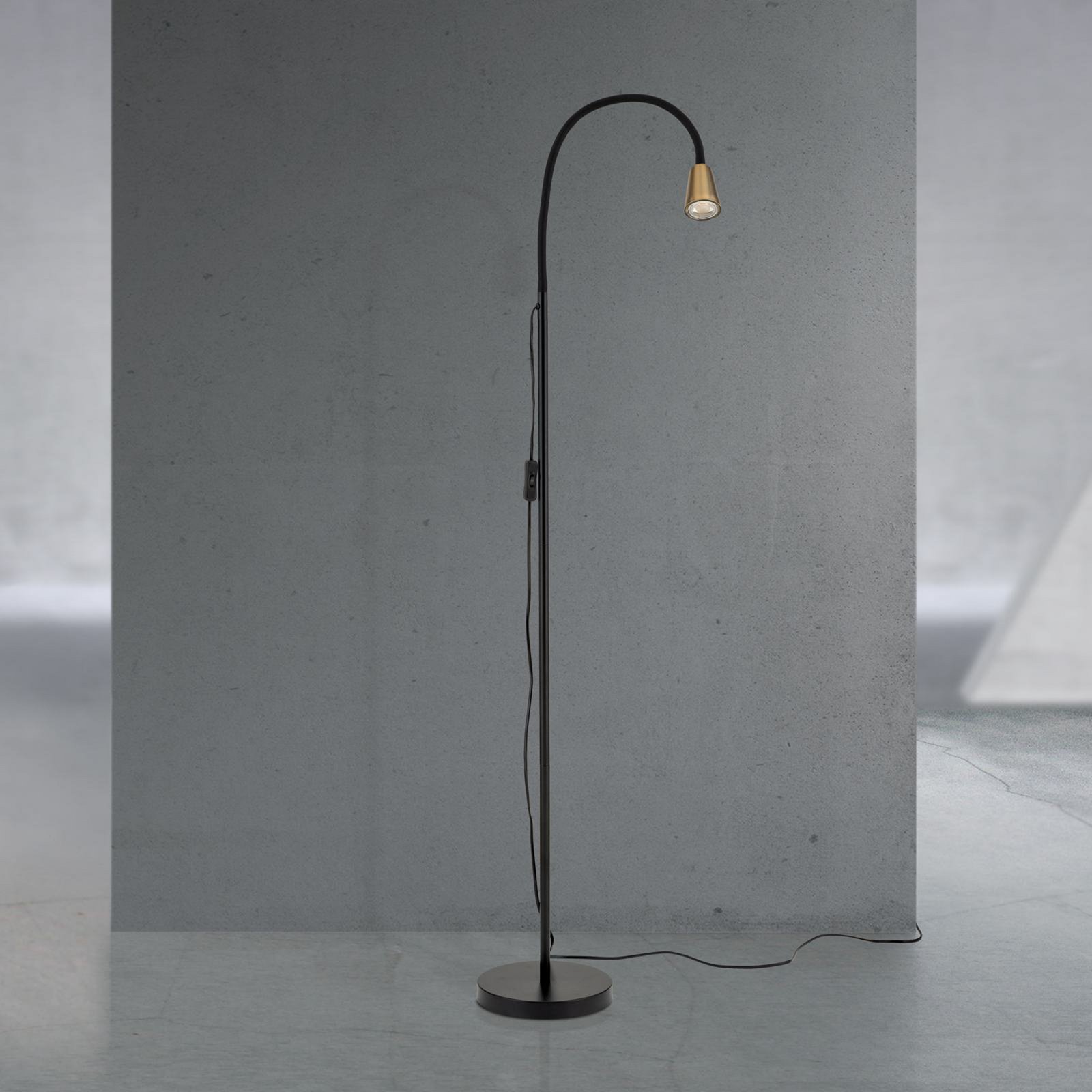Candeeiro de pé Dotty, cor latão, altura 145 cm, braço flexível, GU10