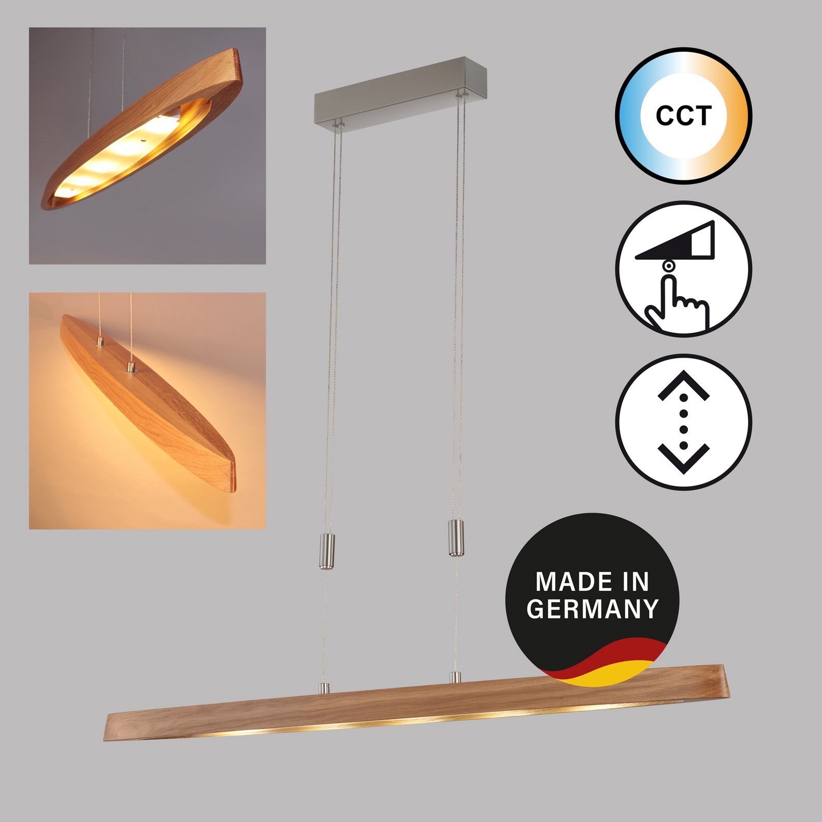 LED-Hängeleuchte Shine-Wood, Eichenholz/nickel, 106 cm, CCT