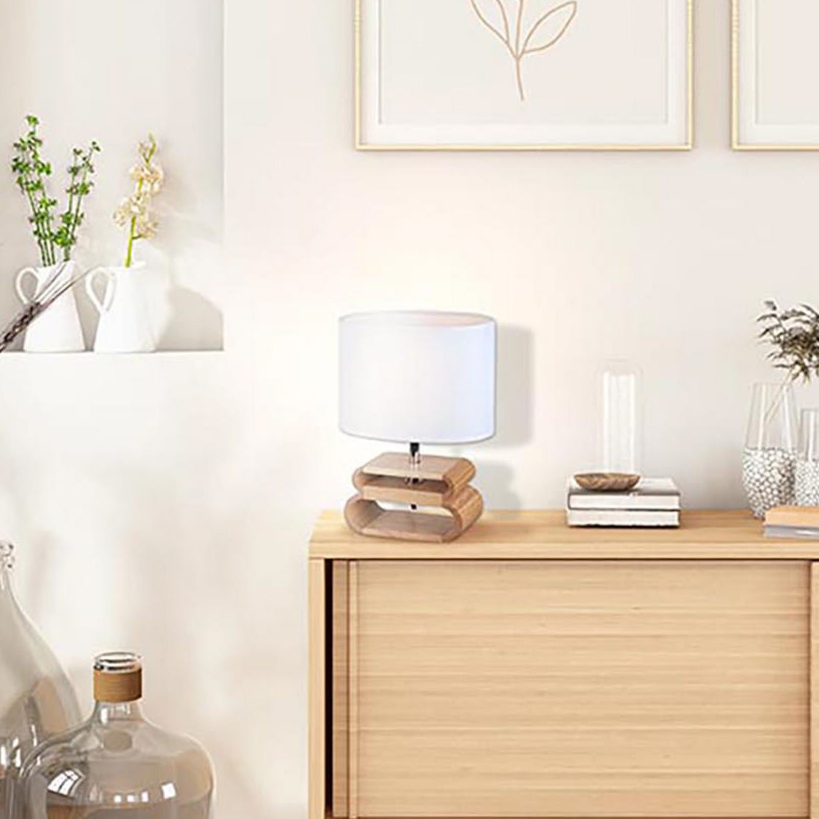 Tischleuchte Oslo, weiß/holz hell, Höhe 30 cm, Leinen/Holz