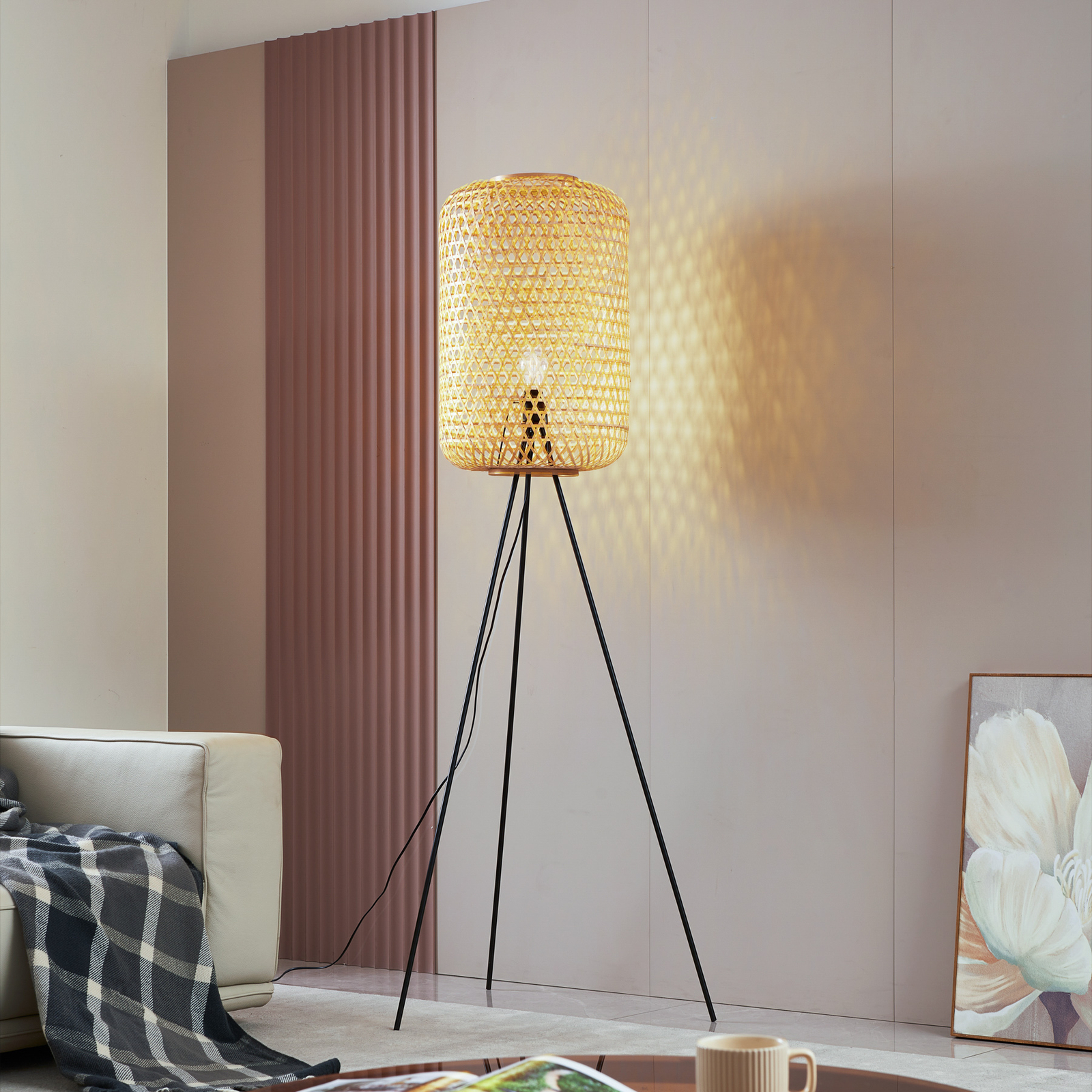 Lucande floor lamp Jorick, bamboo, tripod, height 166 cm