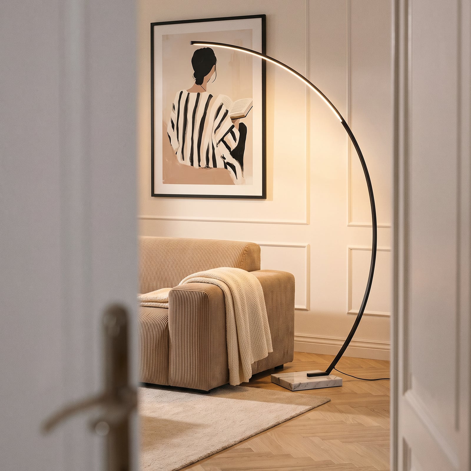 Lindby LED gebogen vloerlamp Kendra, zwart, aluminium, hoogte 180cm
