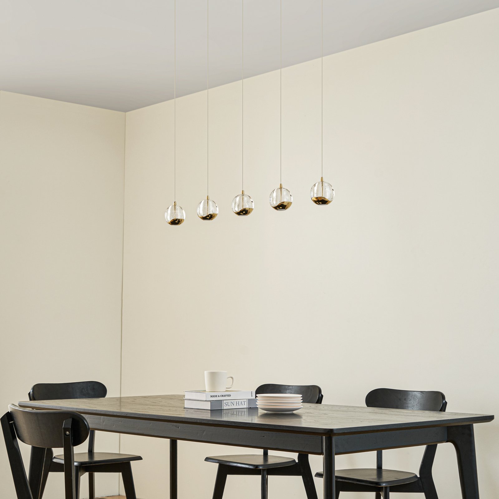 Lucande LED-pendellampe Hayley, 96 cm, 5 lyskilder, gull, glass