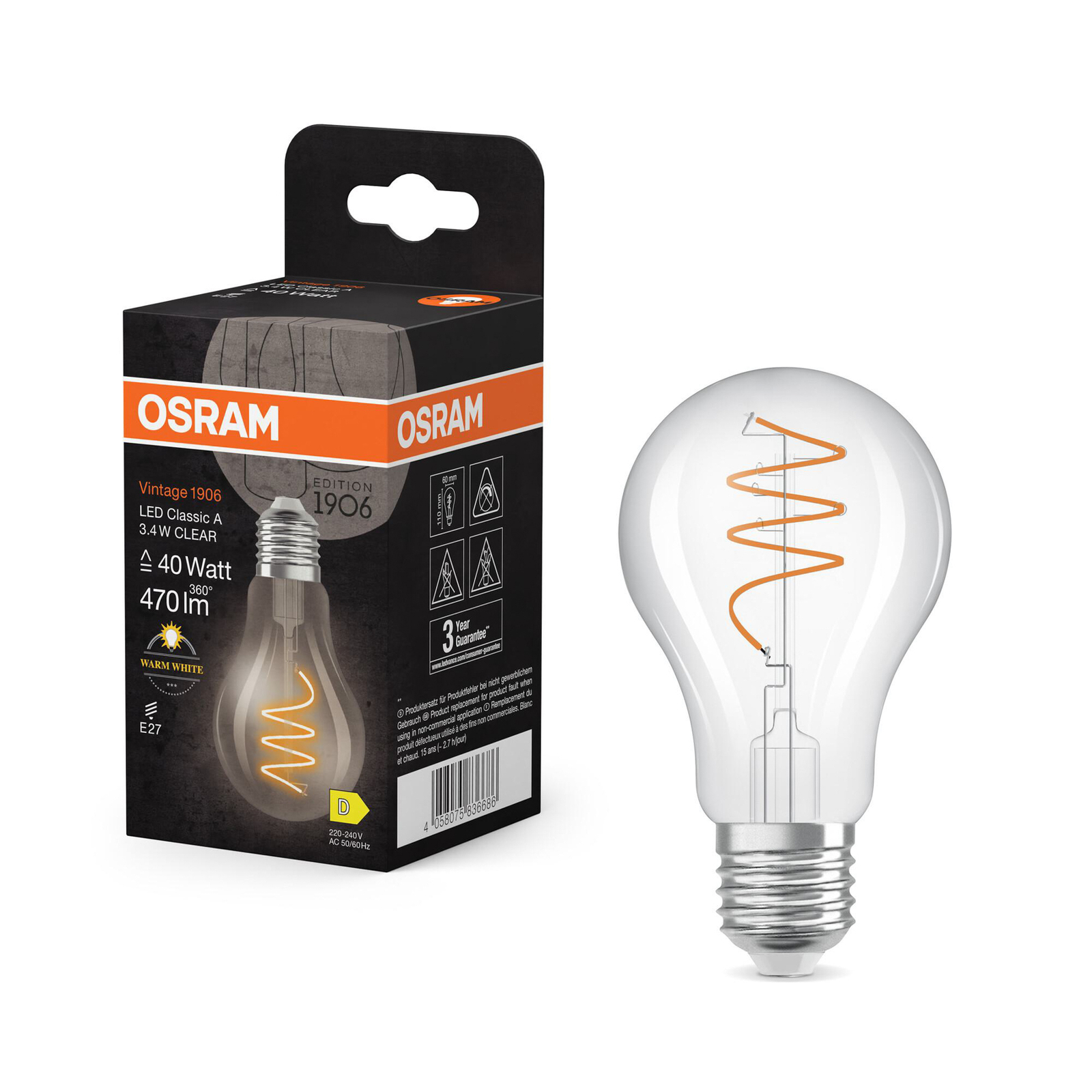 OSRAM LED Vintage E27 3,4W 2700K spiraalhõõgniit selge