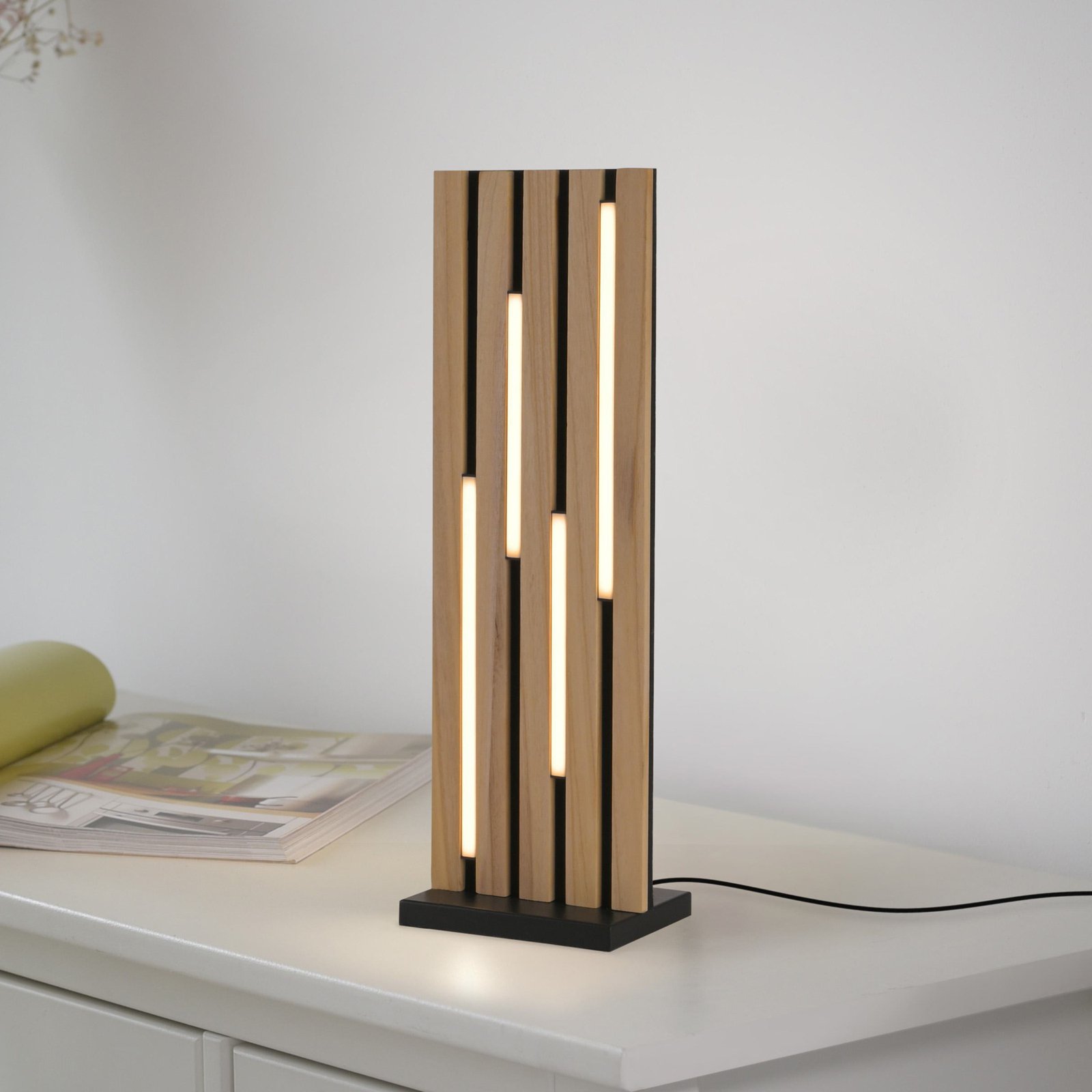 Paul Neuhaus Lámpara de mesa LED SMART+ Q-Acoustic madera altura 60 cm