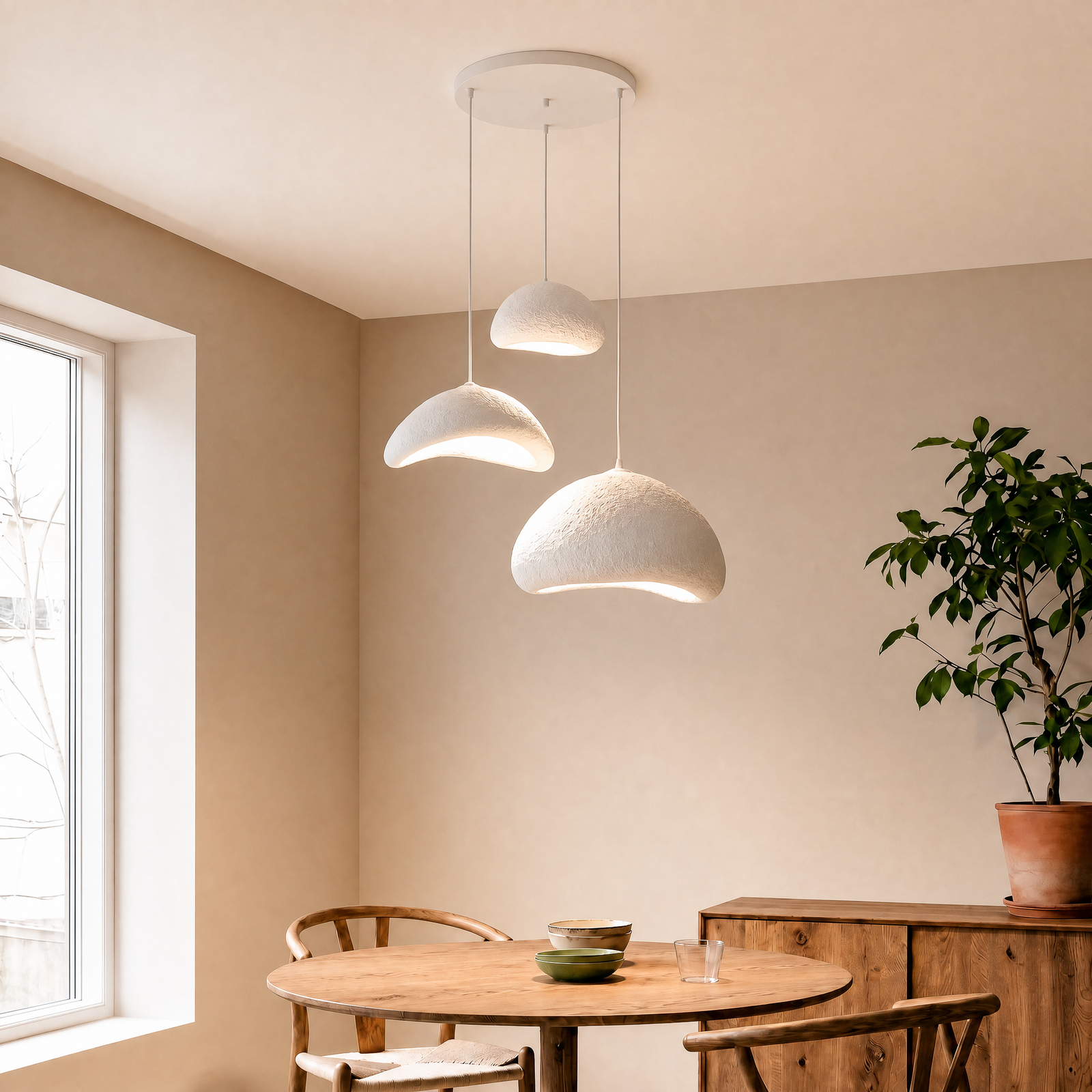 Lampada a sospensione LUNA, bianca, Ø 82 cm, a 3 luci, fibra di vetro, E27
