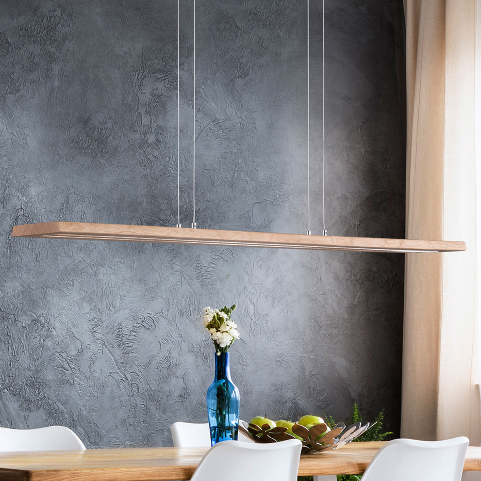 Lucande Cyra natural wood LED hanging light, 98 cm, for Living / Dining Room, oak, aluminium, steel, brass, 32 W, energy efficiency: A+, L: 98 cm, W: 16 cm, H: 2 cm