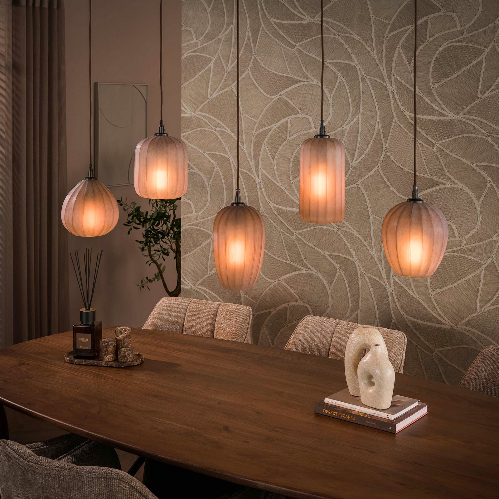 Pendelleuchte Altura, 5-flammig, 125cm, braun, Glas, E27,