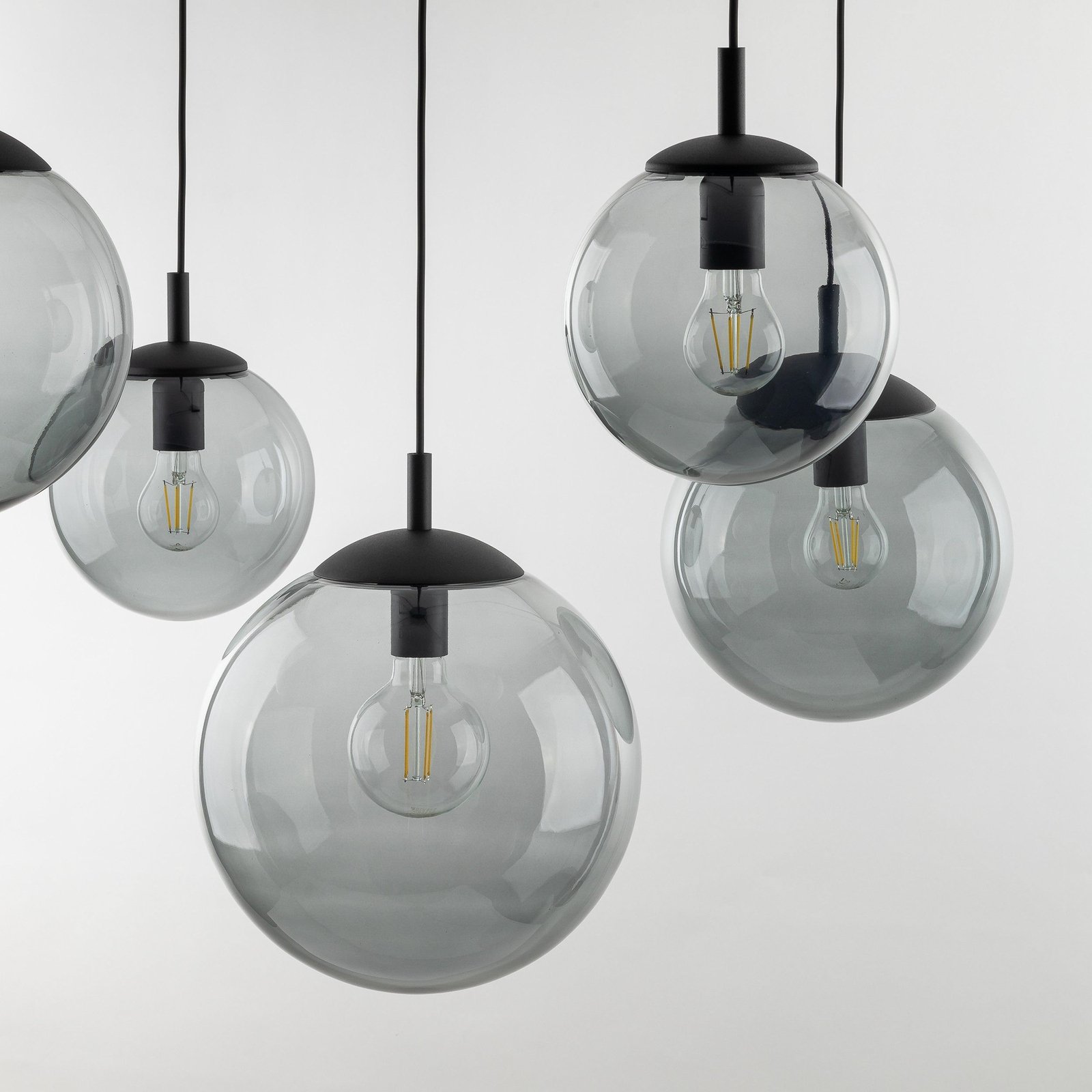 Esme hanging light, glass, graphite-transparent, 5-bulb, decentralised