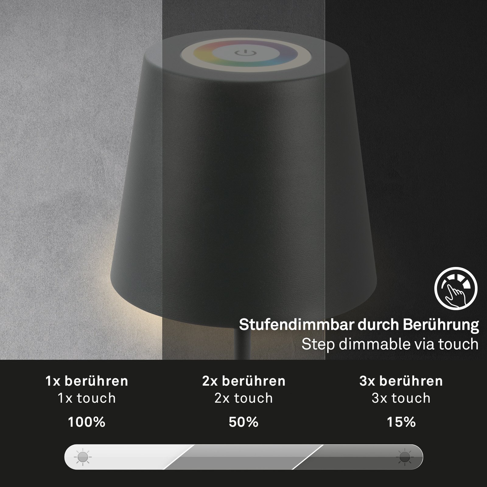 LED dobíjacia stolová lampa 7507015, antracitová RGBW IP44 dotykový