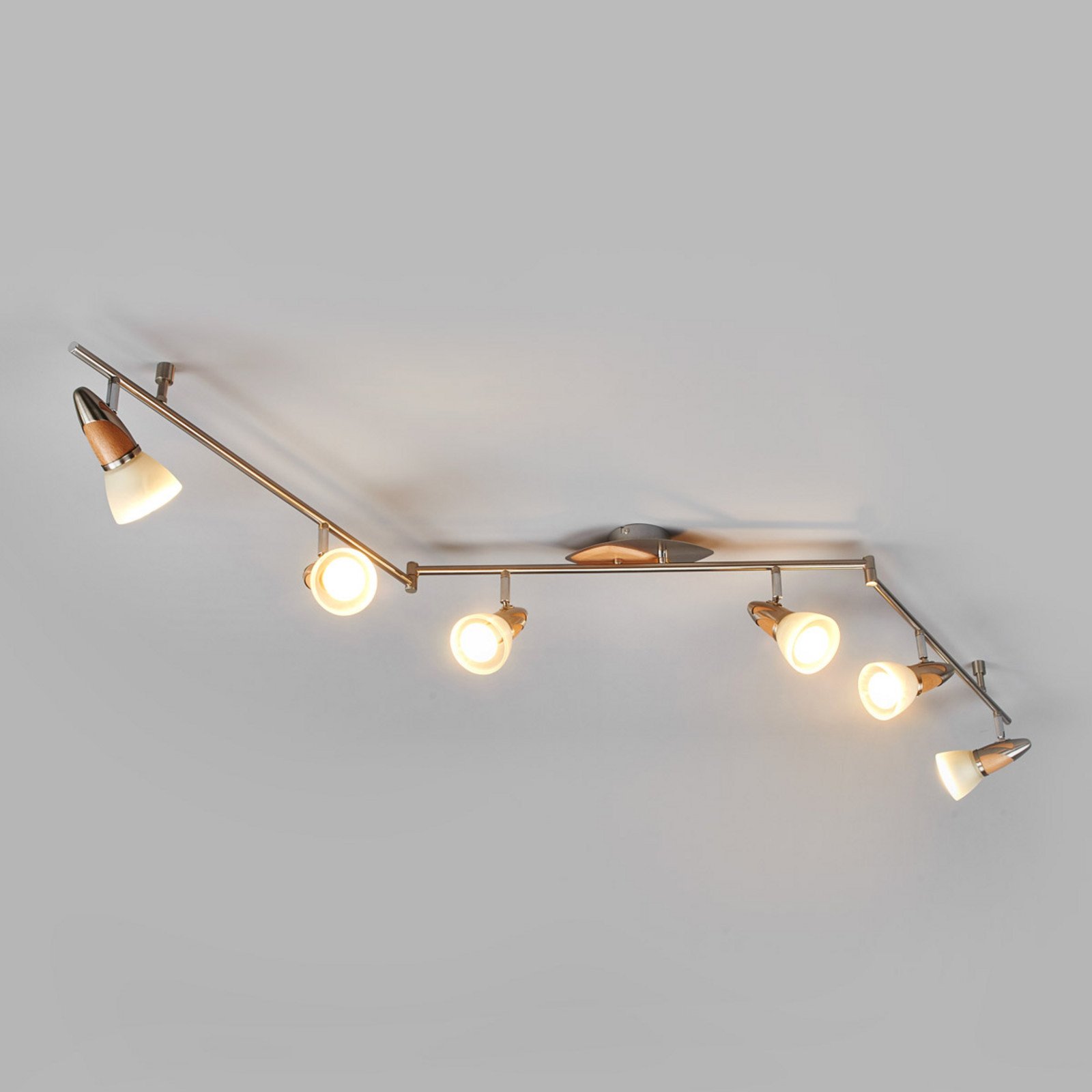 Lindby plafonieră Marena 6 becuri sticlă lemn 180 cm lungime - Hol - Casă de țară / Rustic - nichel satinat lemn alb satinat