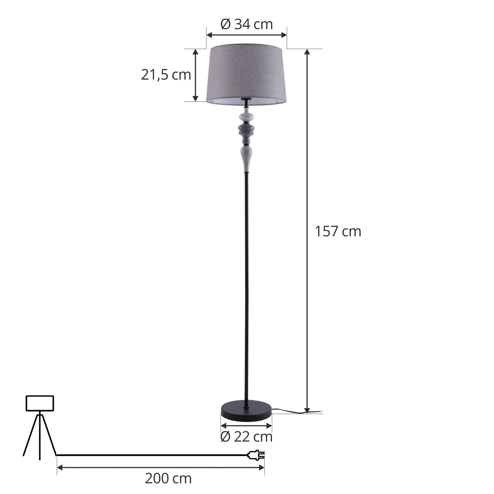 Lampa stojąca Lindby Haldorin, szary/czarny, tekstylna, 157 cm