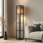 Lindby stojací lampa Birta, černá, police, dřevo, 159 cm