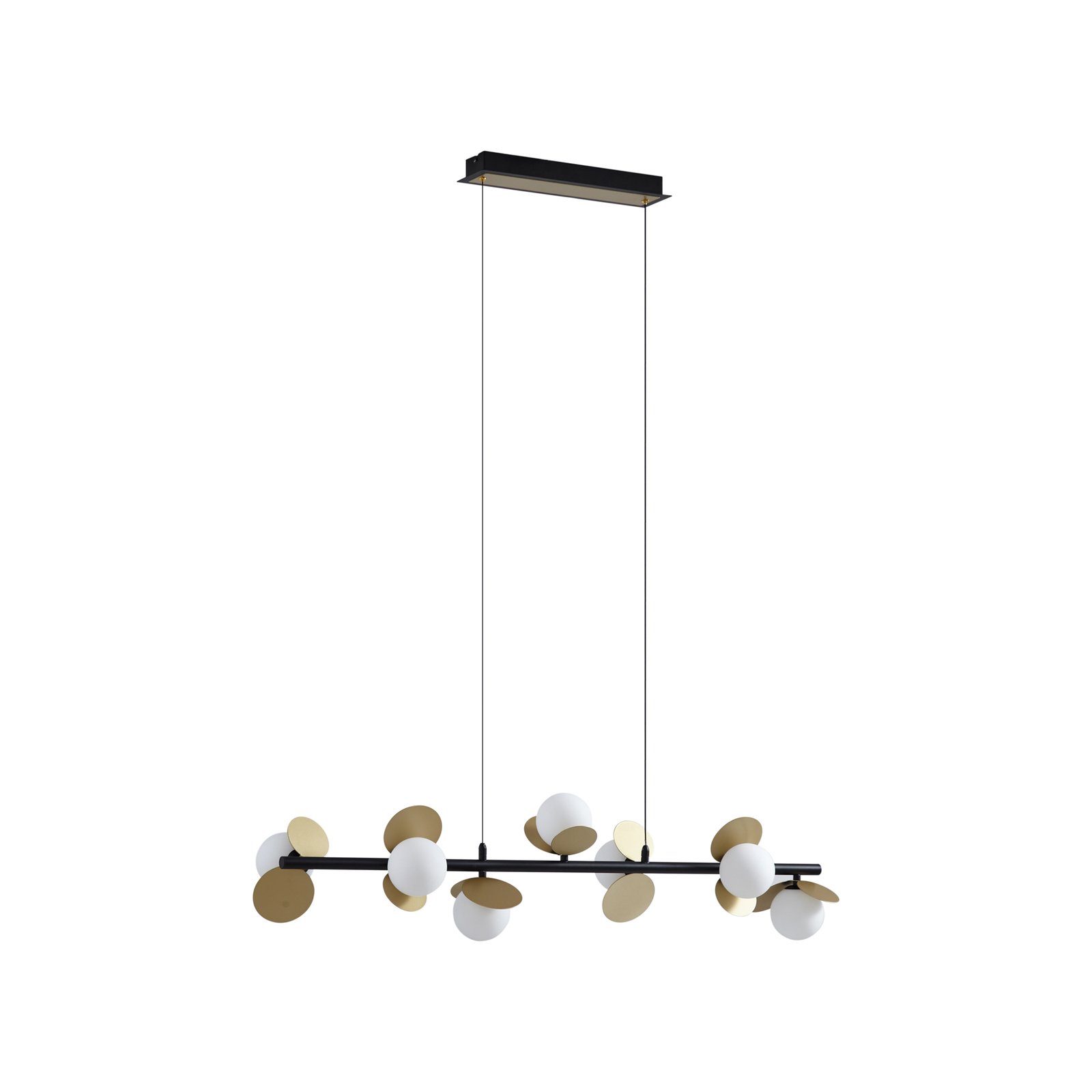 Lucande hanglamp Pallo, 7-lamps, zwart/goud, glas