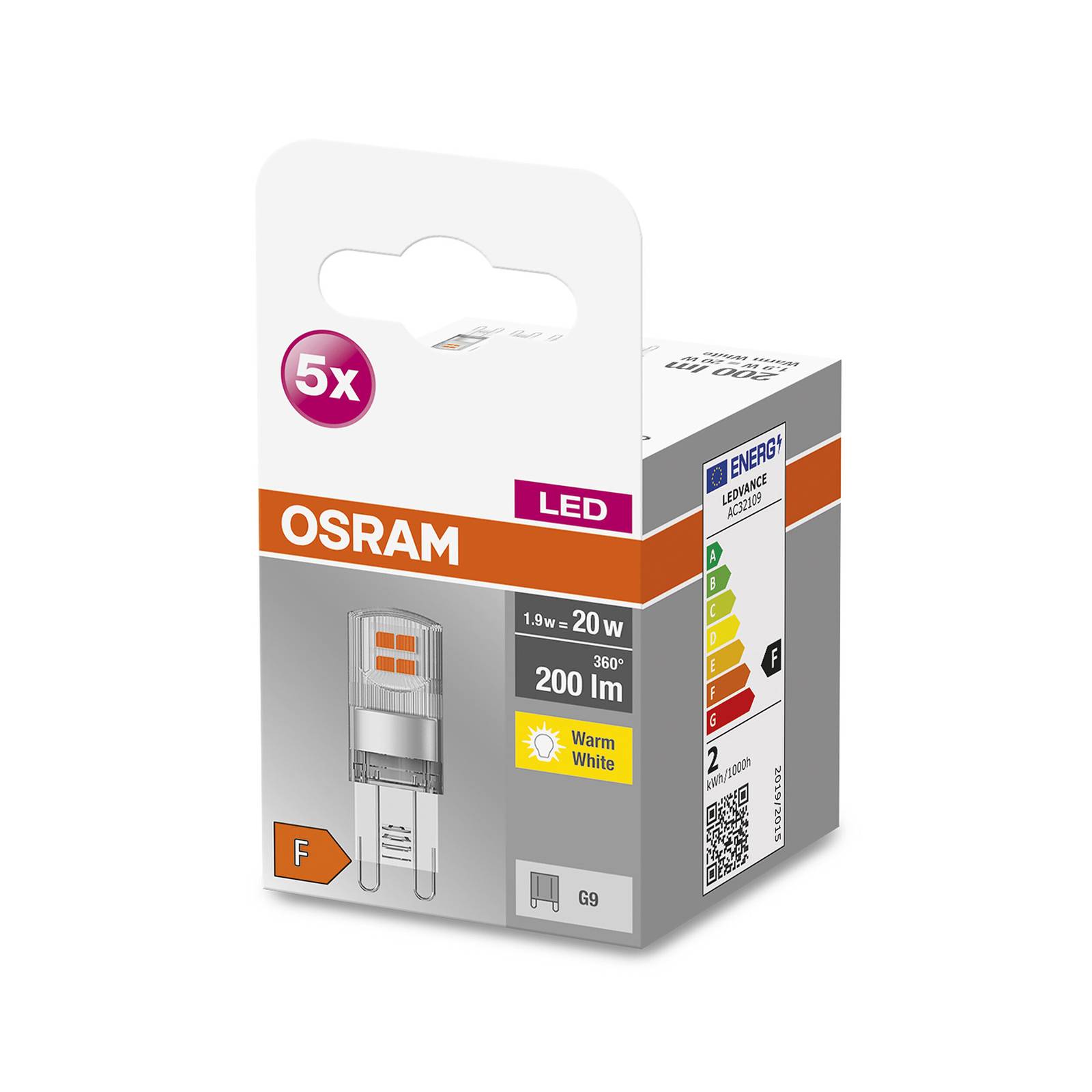 OSRAM Base PIN LED broche G9 1,9 W 2 700 K x5