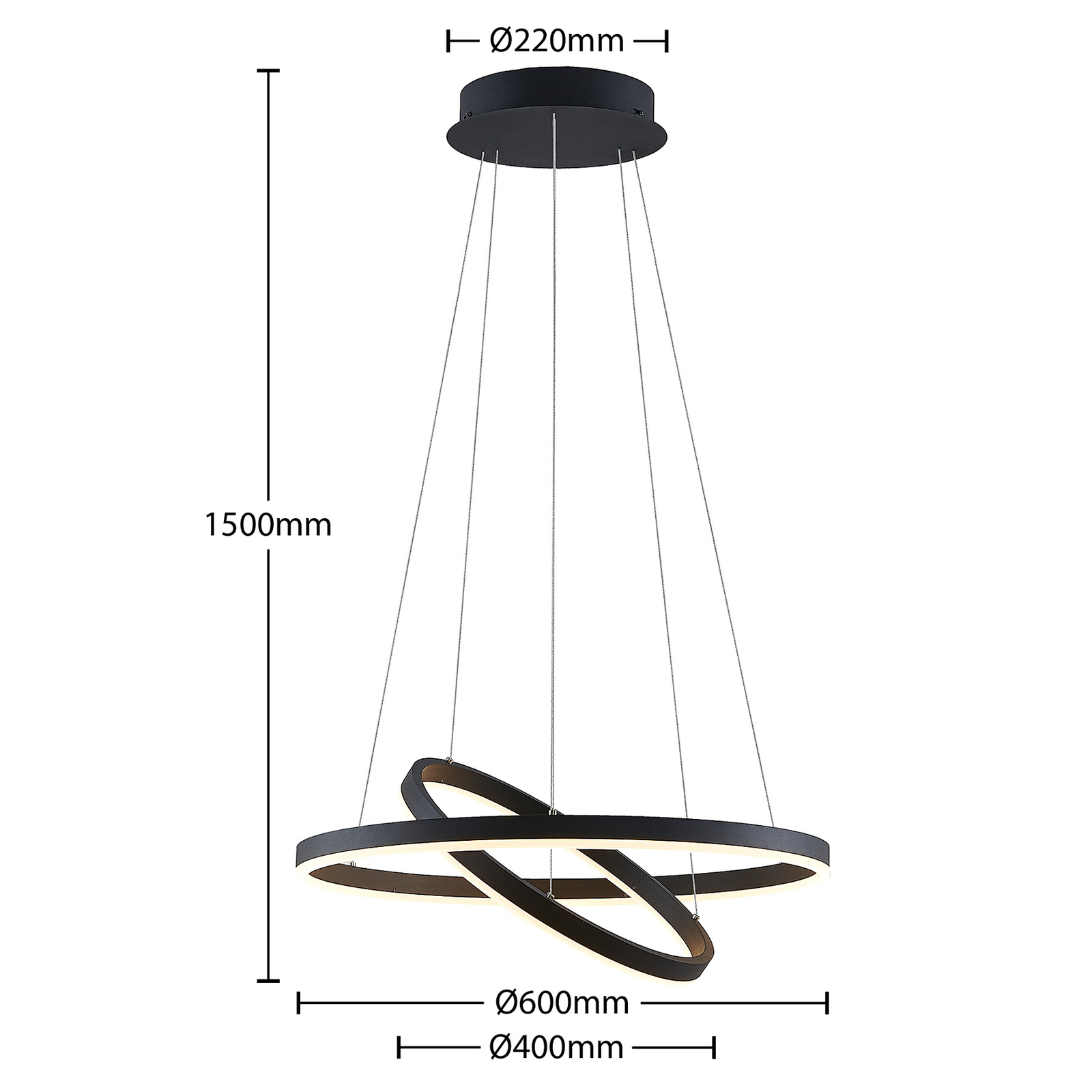 Arcchio Albiona suspension LED, noire, 2 anneaux