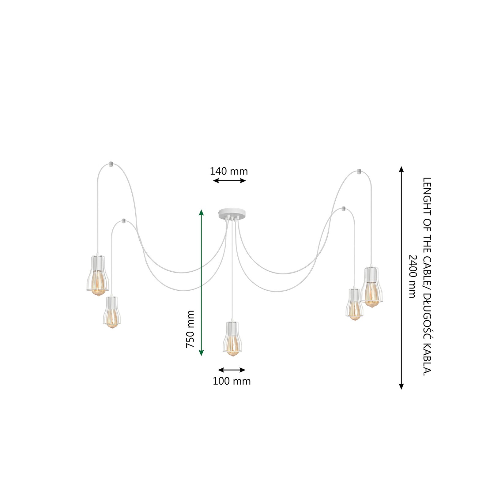 Tube lange hanglamp, wit, metaal, 5-lamps, E27
