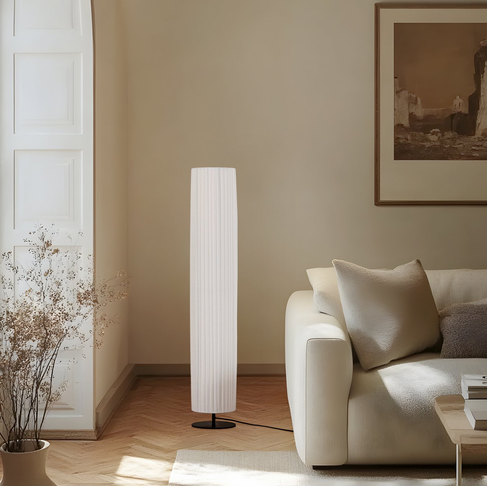 Virelle vloerlamp, wit, textiel, hoogte 117 cm, E27 - Lindby