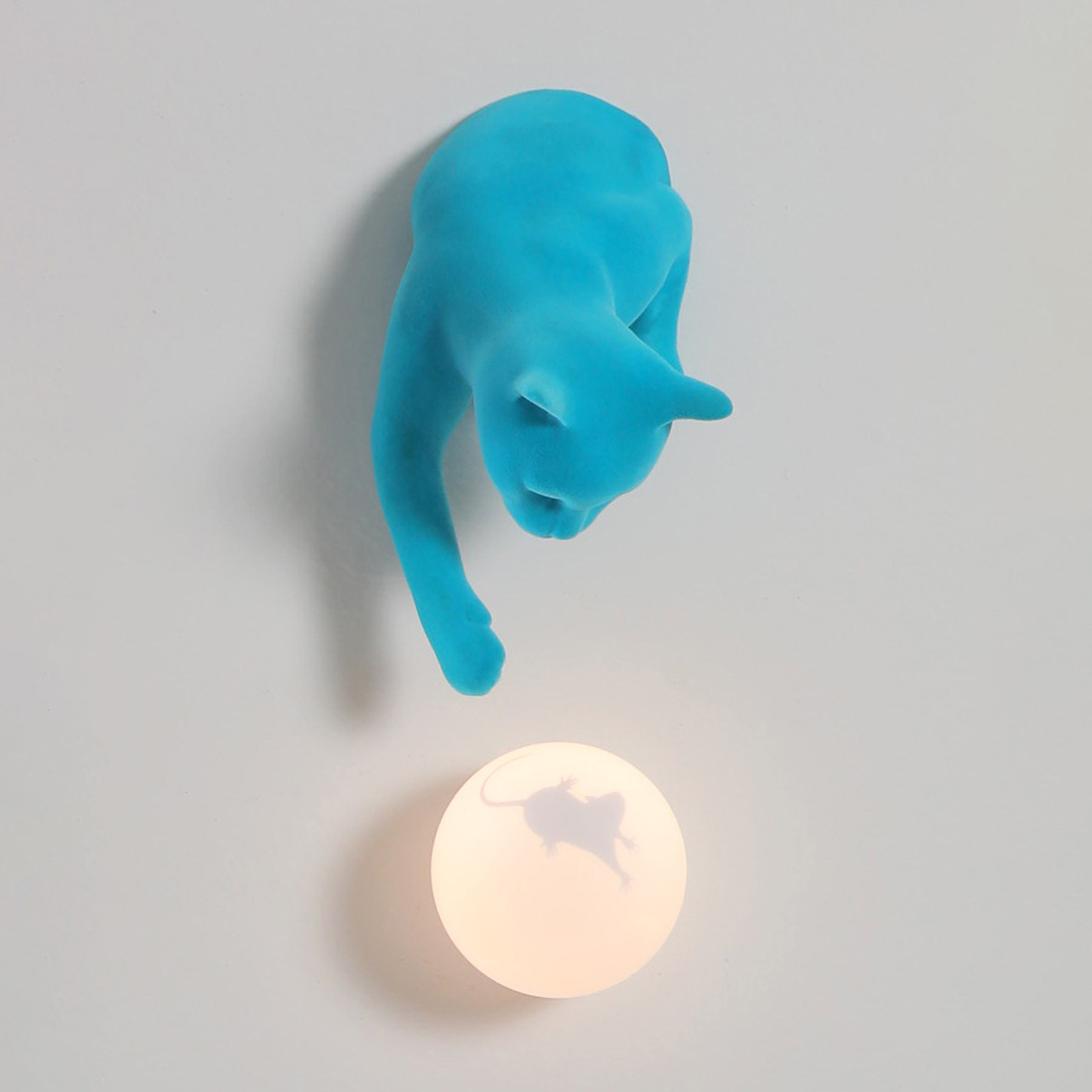 Karman wall light Maoo, ceramic light blue, glass, cat figurine