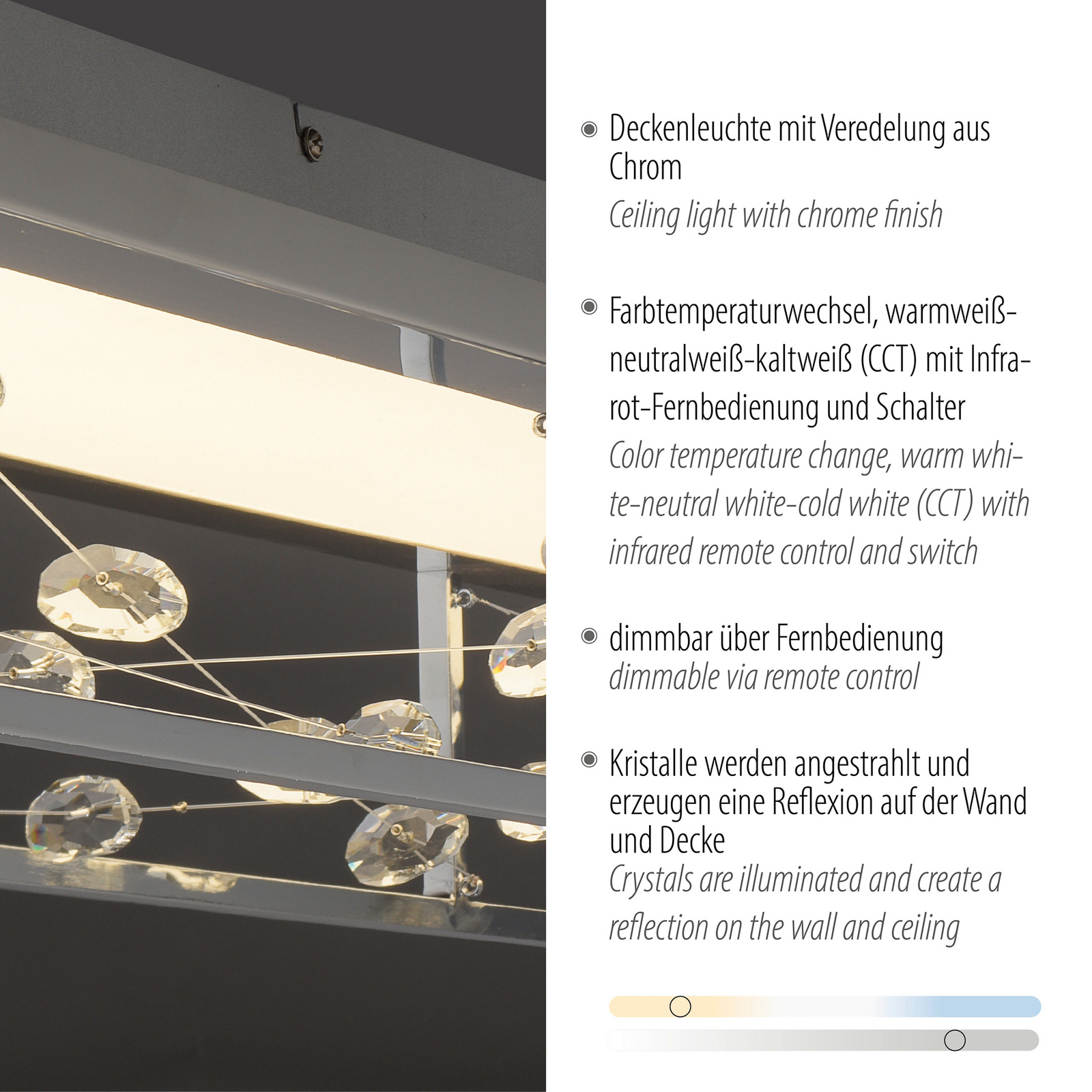LED lubų šviestuvas „SKINA“, chromas, 112 cm, CCT, reguliuojamas nuotolinio