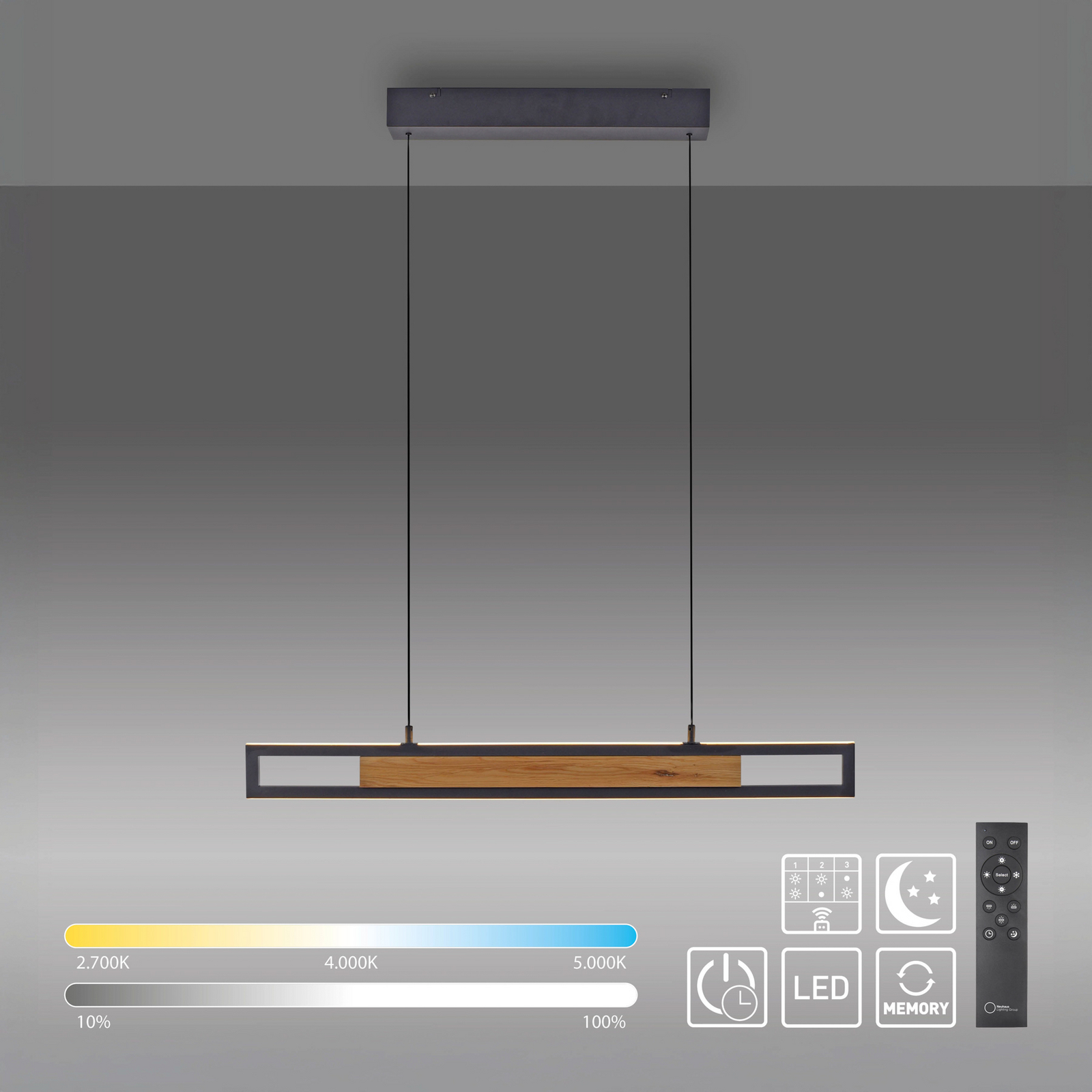 Sveja LED függő lámpa, hossza 80 cm, fekete/fa színű, CCT