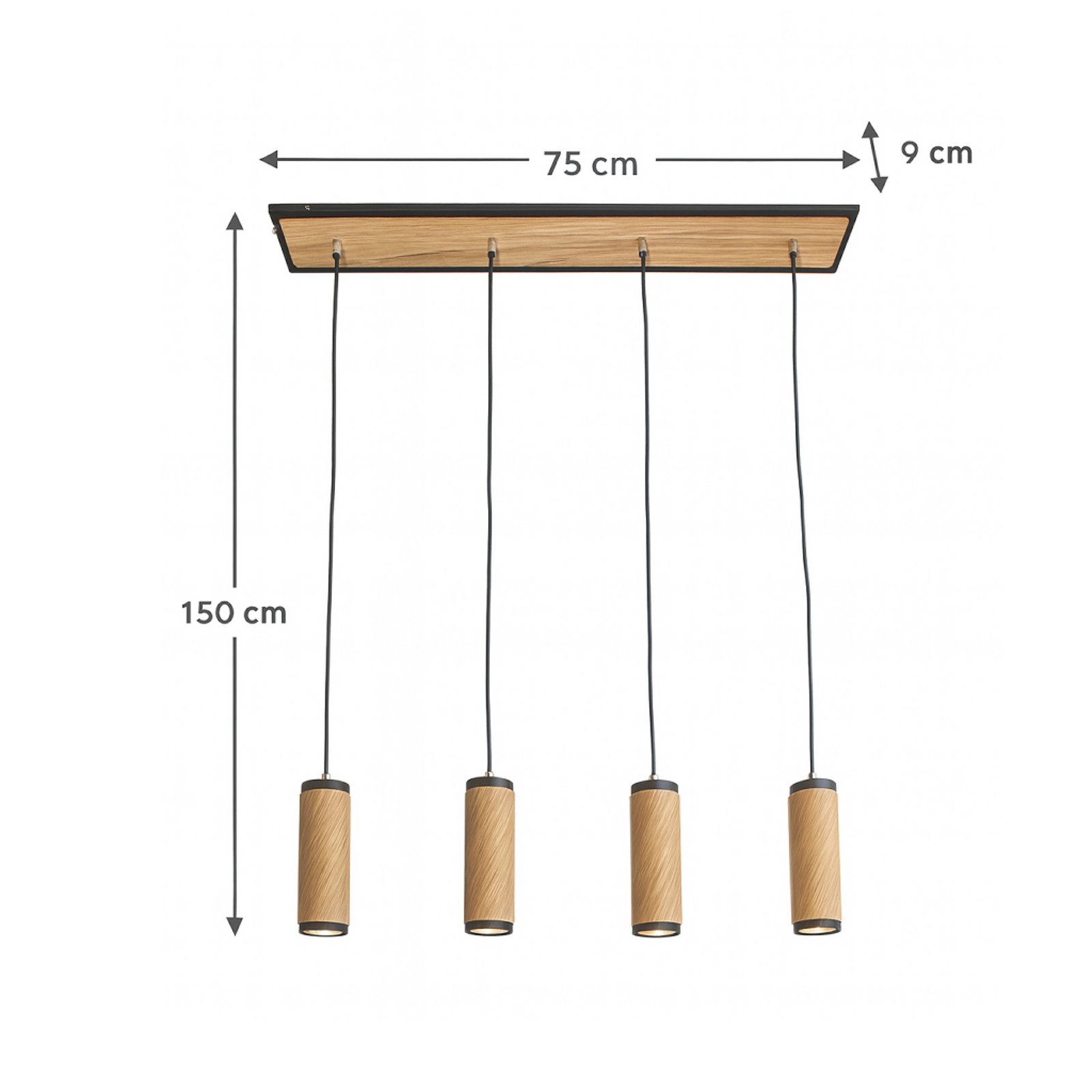 Candeeiro suspenso Bolivia, madeira, carvalho, 3 lâmpadas, comprimento 75 cm