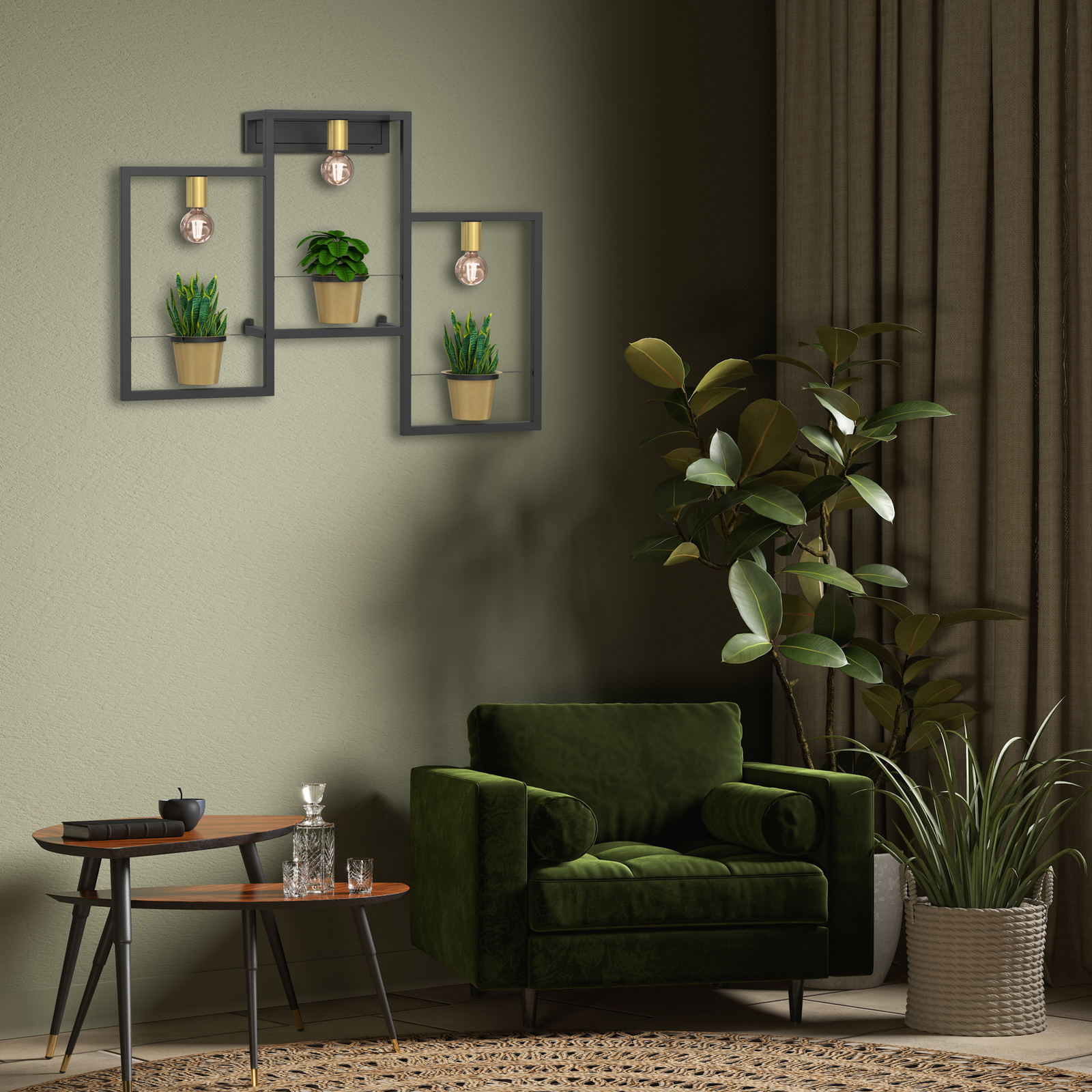 Aplique de pared Flores, 3 luces, negro/oro, con enchufe