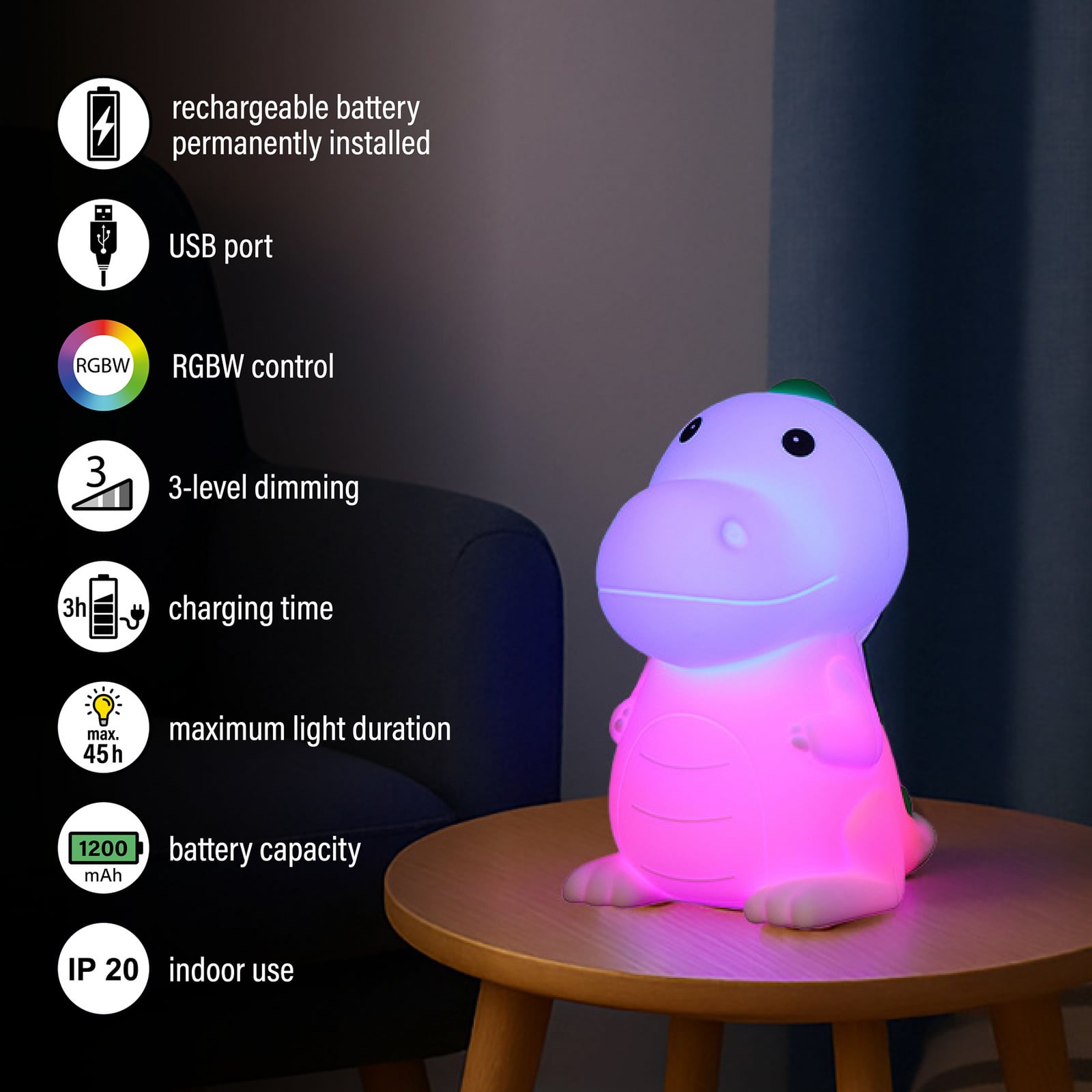 Lampe de chevet LED à accu Dinosauro, Dino, blanc, RVB, intensité variable