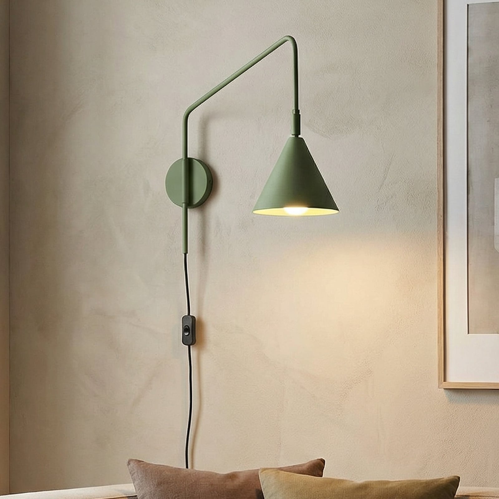 LYS wall light, olive green, Ø 14 cm, metal, plug, E14