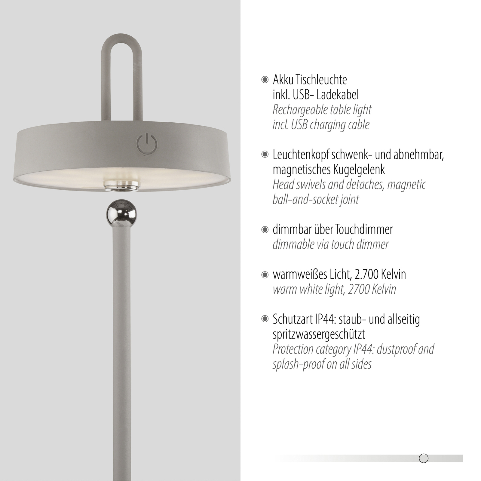 JUST LIGHT. Lampe à poser LED rechargeable Amag gris-beige Fer IP44