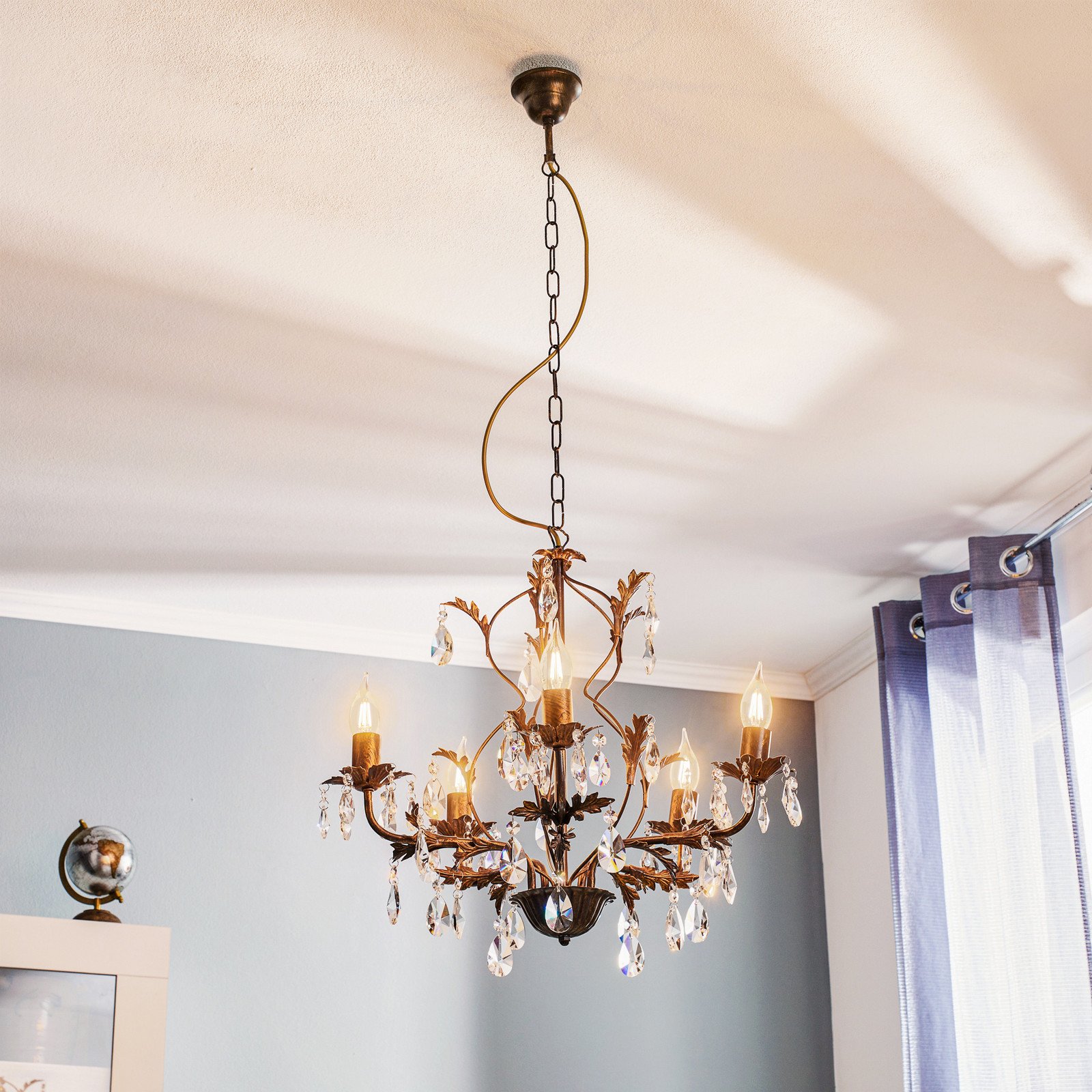 ONLI Candelabru Teresa cu cristale 5 becuri - Camera de zi / sufragerie - Antichitate - bronz antic transparent - Metal