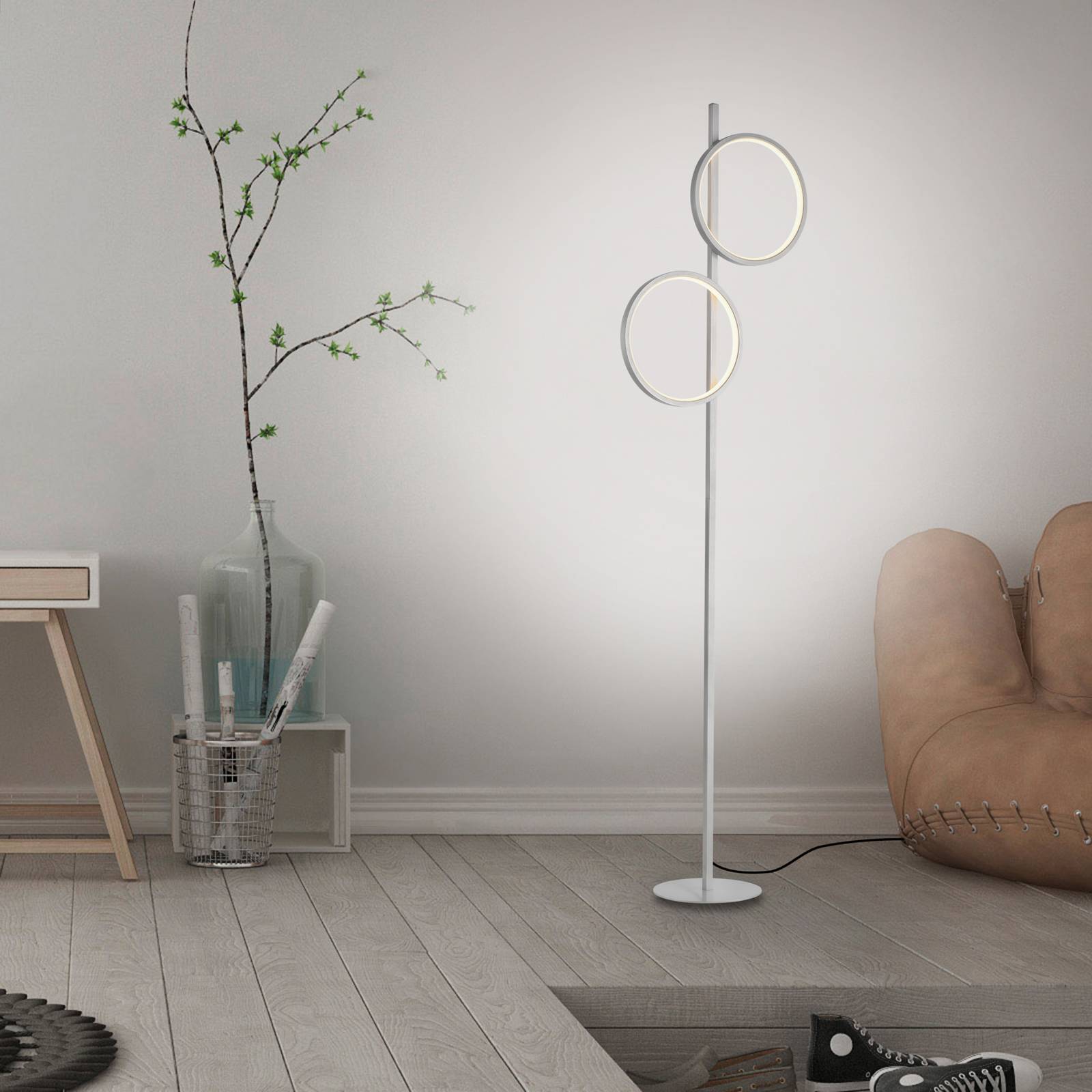 LED-gulvlampe Mini-Ritus, sølv, jern, 2 ringe